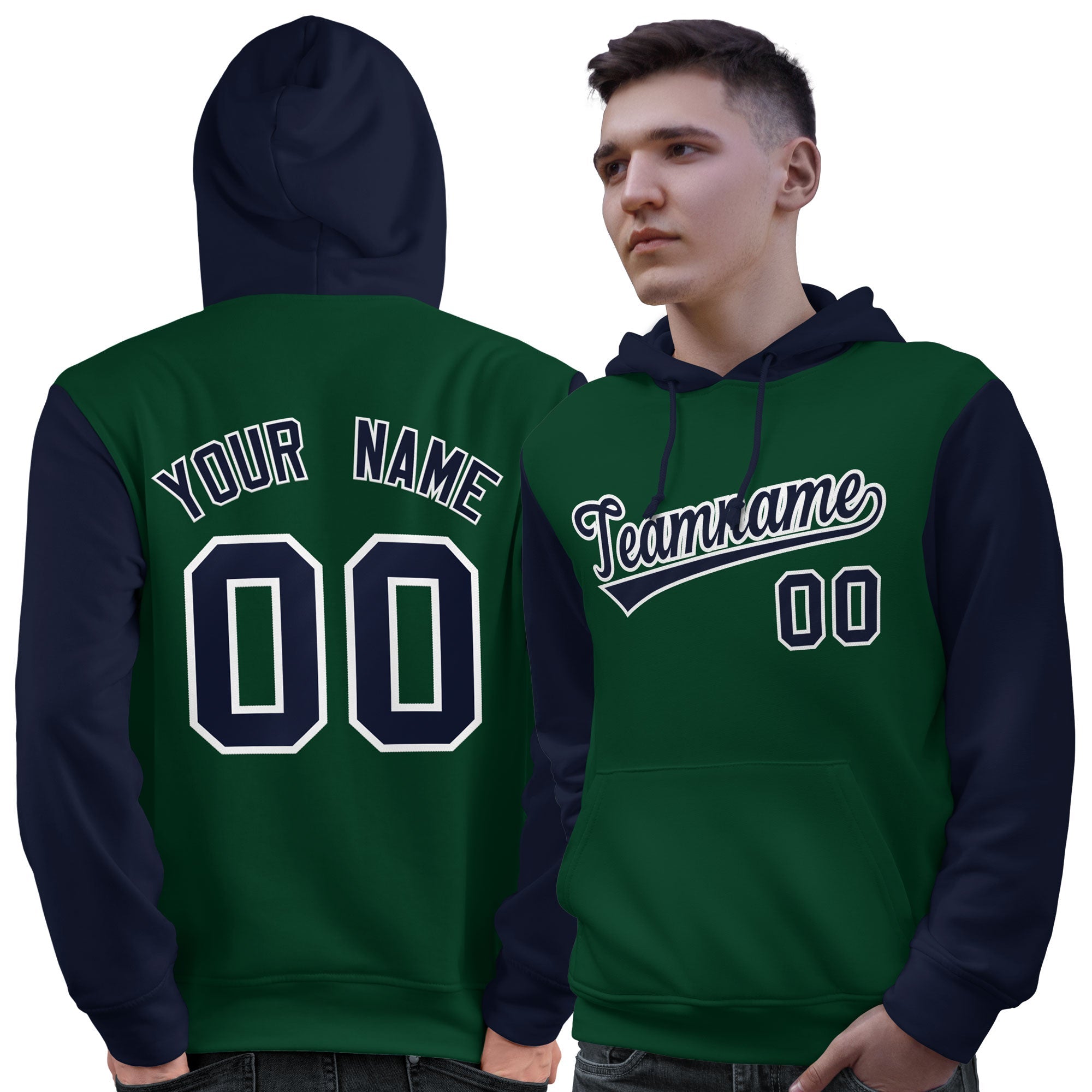 Custom Green Navy-White Raglan Sleeves Pullover Personalized Sweatshirt Hoodie