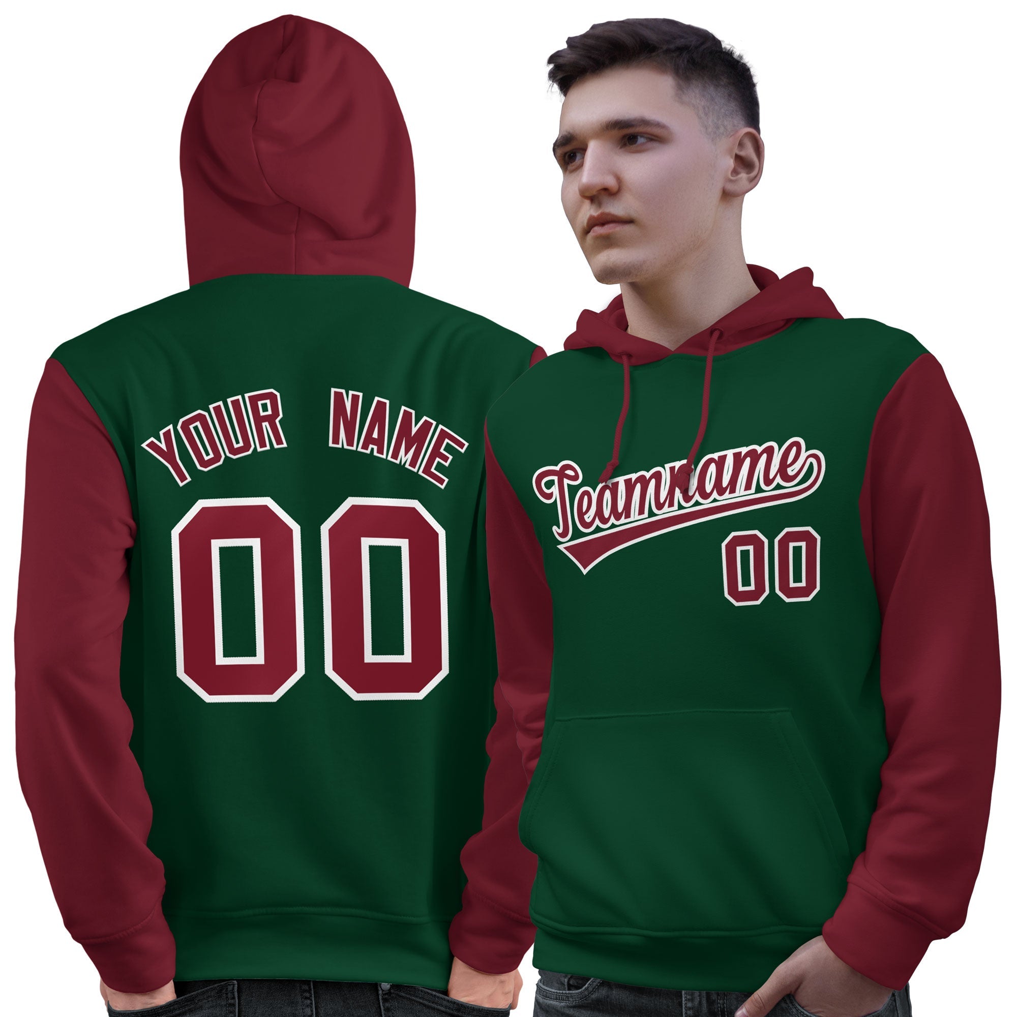 Custom Green Crimson-White Raglan Sleeves Pullover Personalized Sweatshirt Hoodie