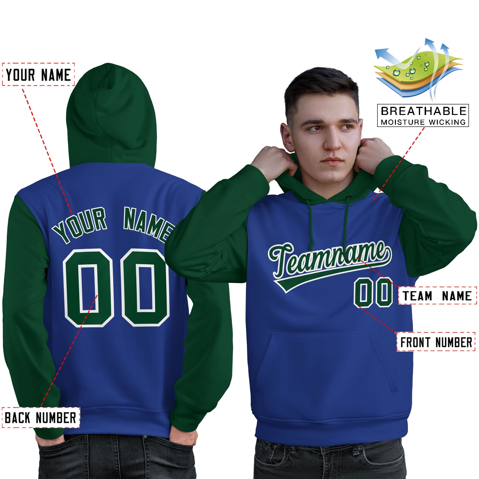 Custom Royal Green-White Raglan Sleeves Pullover Personalized Sweatshirt Hoodie