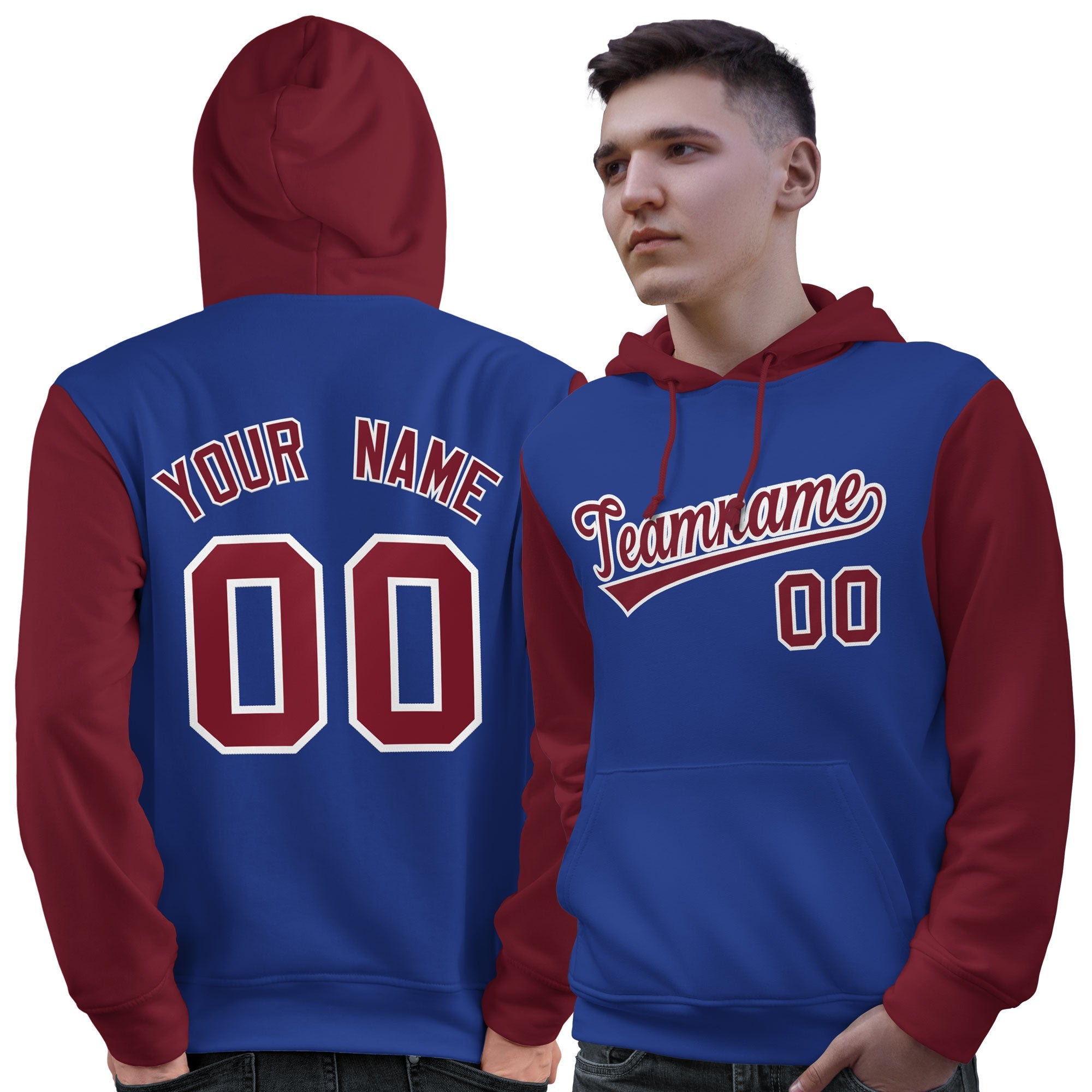 Custom Royal Crimson-White Raglan Sleeves Pullover Personalized Sweatshirt Hoodie