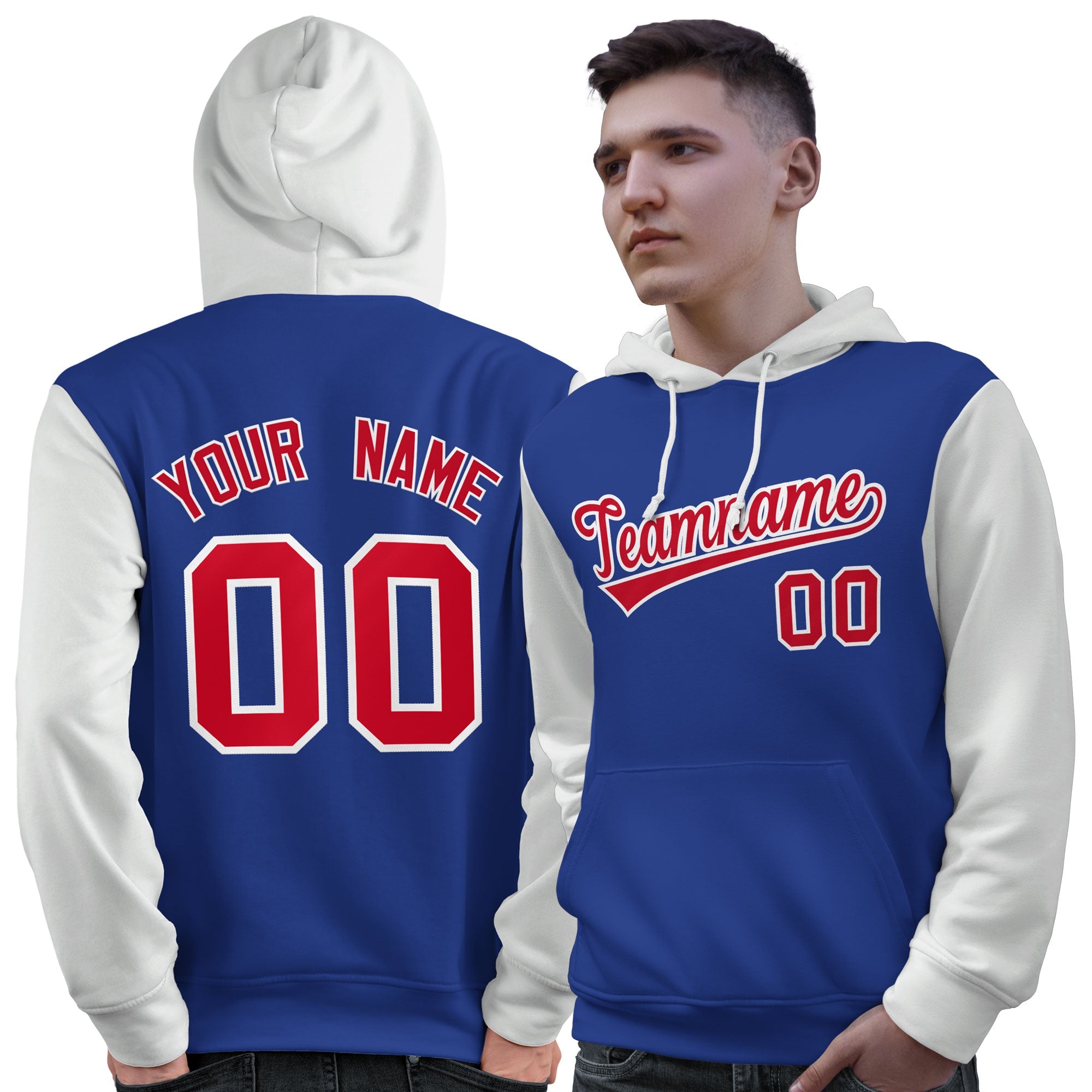 Custom Royal Red-White Raglan Sleeves Pullover Personalized Sweatshirt Hoodie