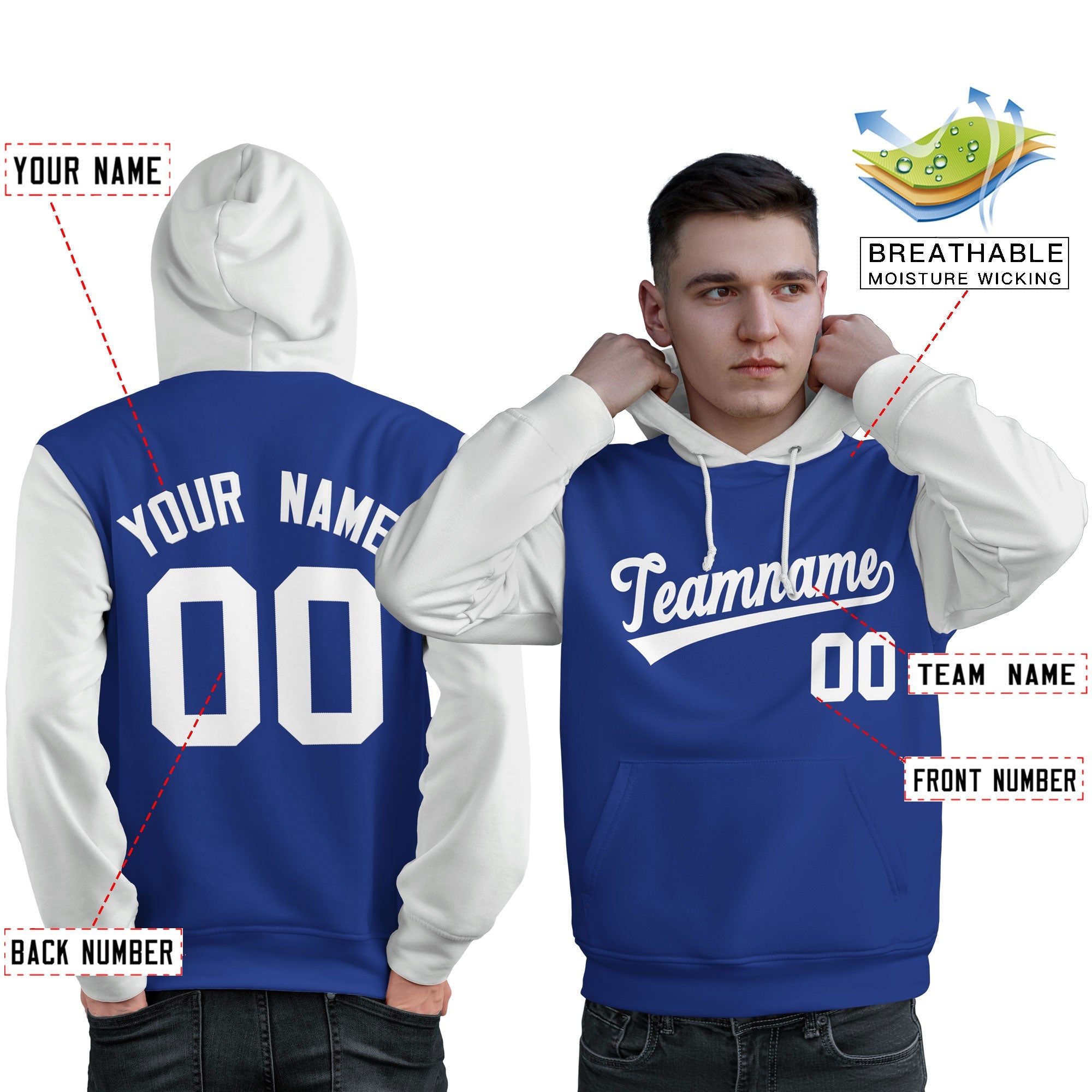 Custom Royal White Raglan Sleeves Pullover Personalized Sweatshirt Hoodie