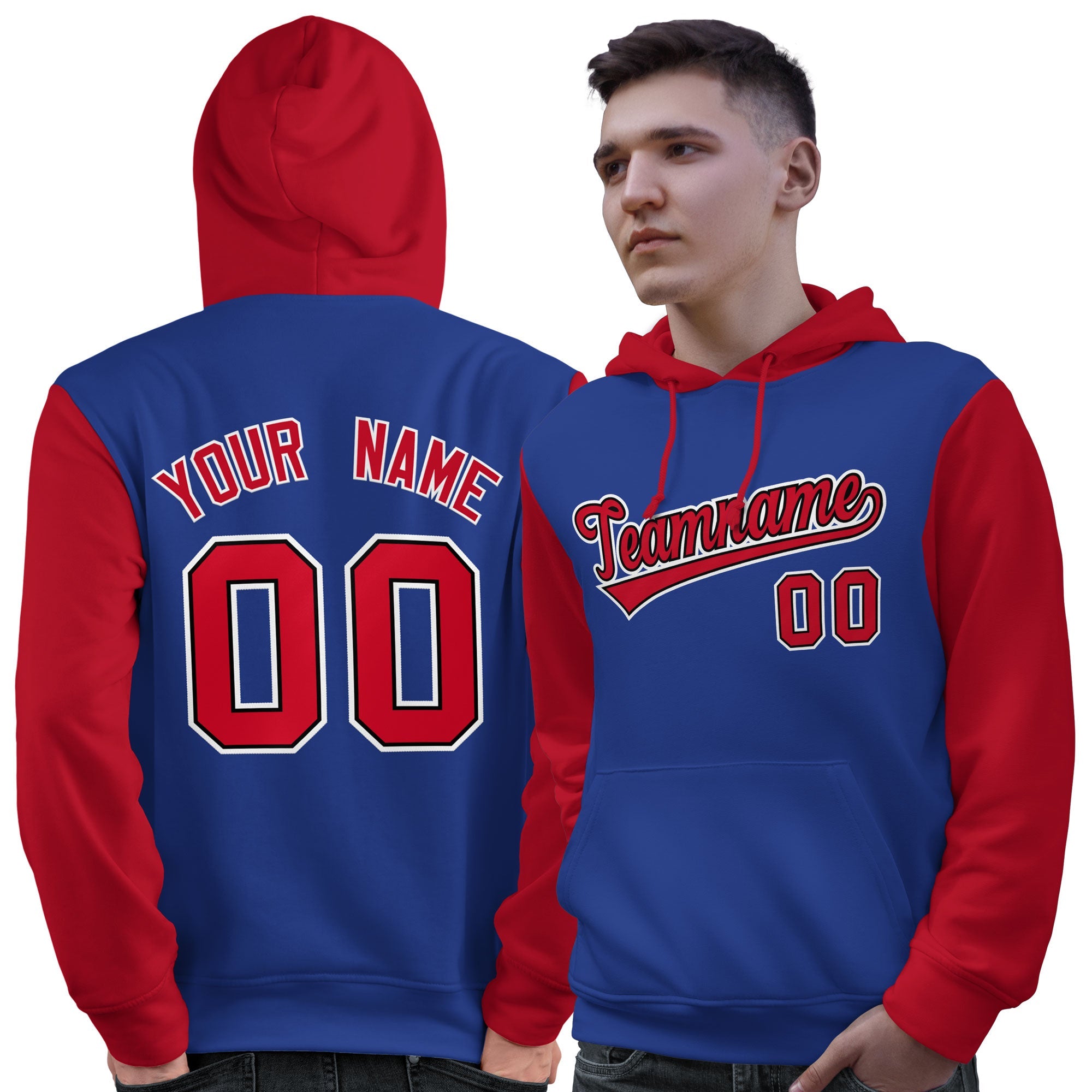 Custom Royal Red-White Raglan Sleeves Pullover Personalized Sweatshirt Hoodie