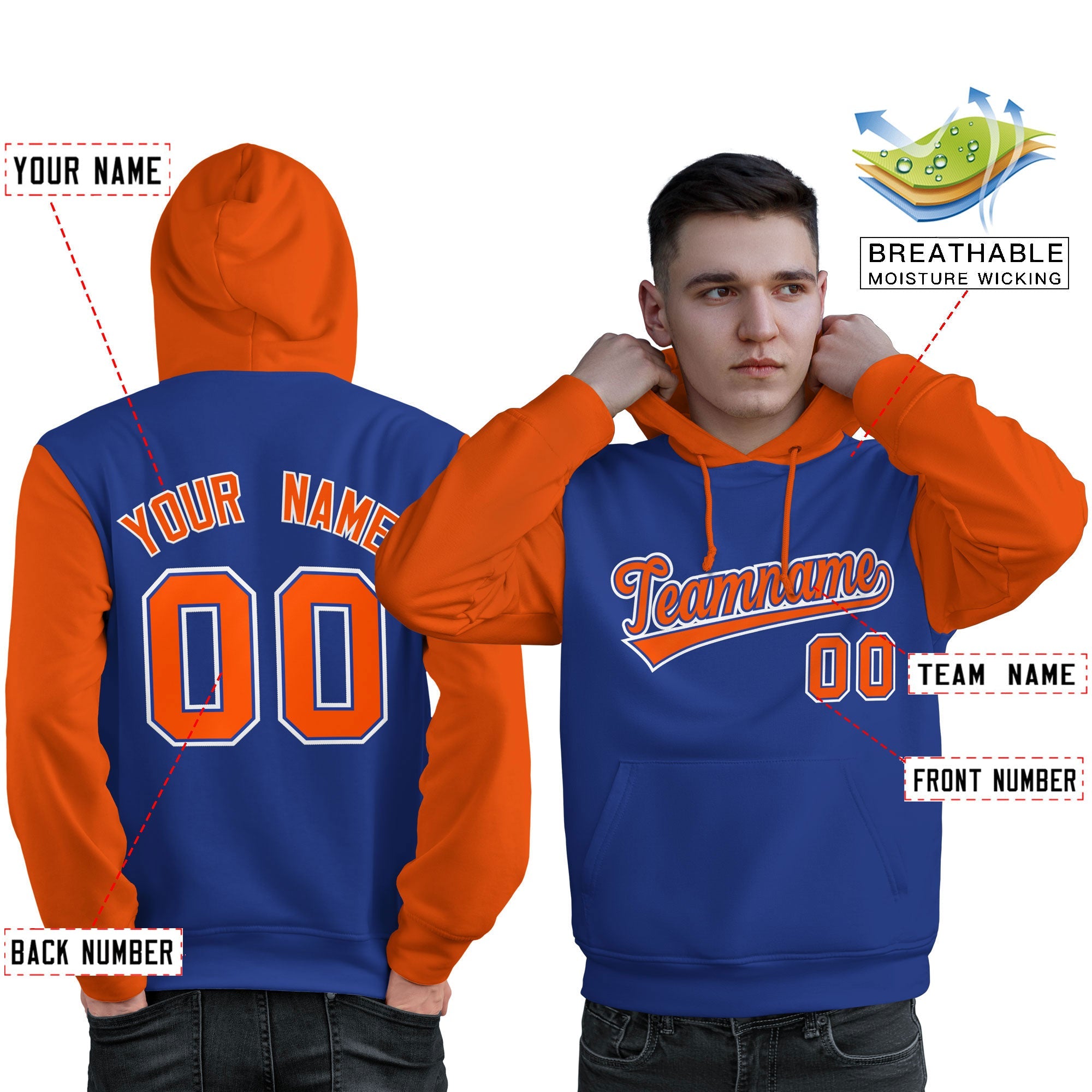 Custom Royal Orange-White Raglan Sleeves Pullover Personalized Sweatshirt Hoodie