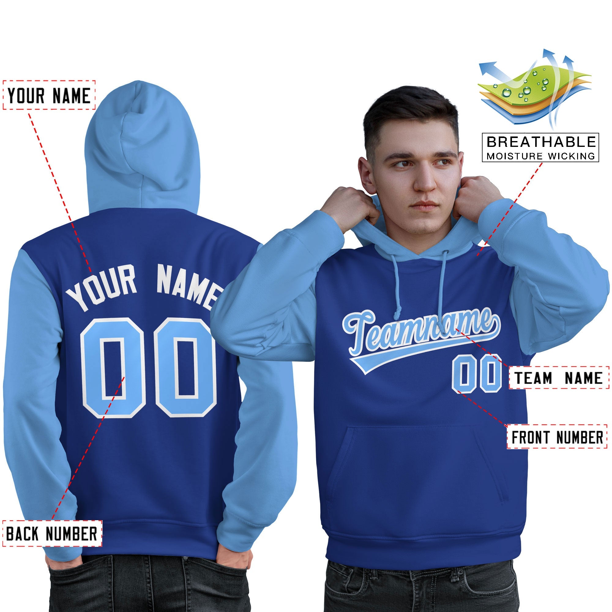 Custom Royal Light Blue-White Raglan Sleeves Pullover Personalized Sweatshirt Hoodie