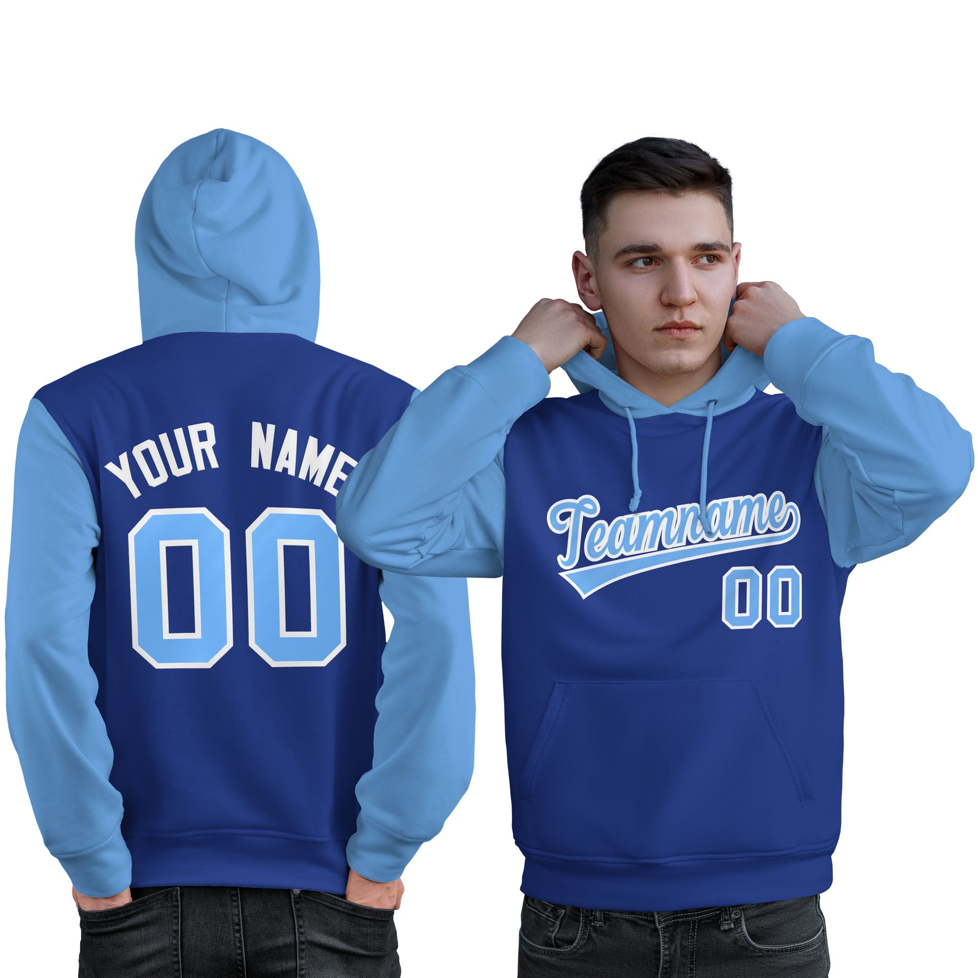 Custom Royal Light Blue-White Raglan Sleeves Pullover Personalized Sweatshirt Hoodie