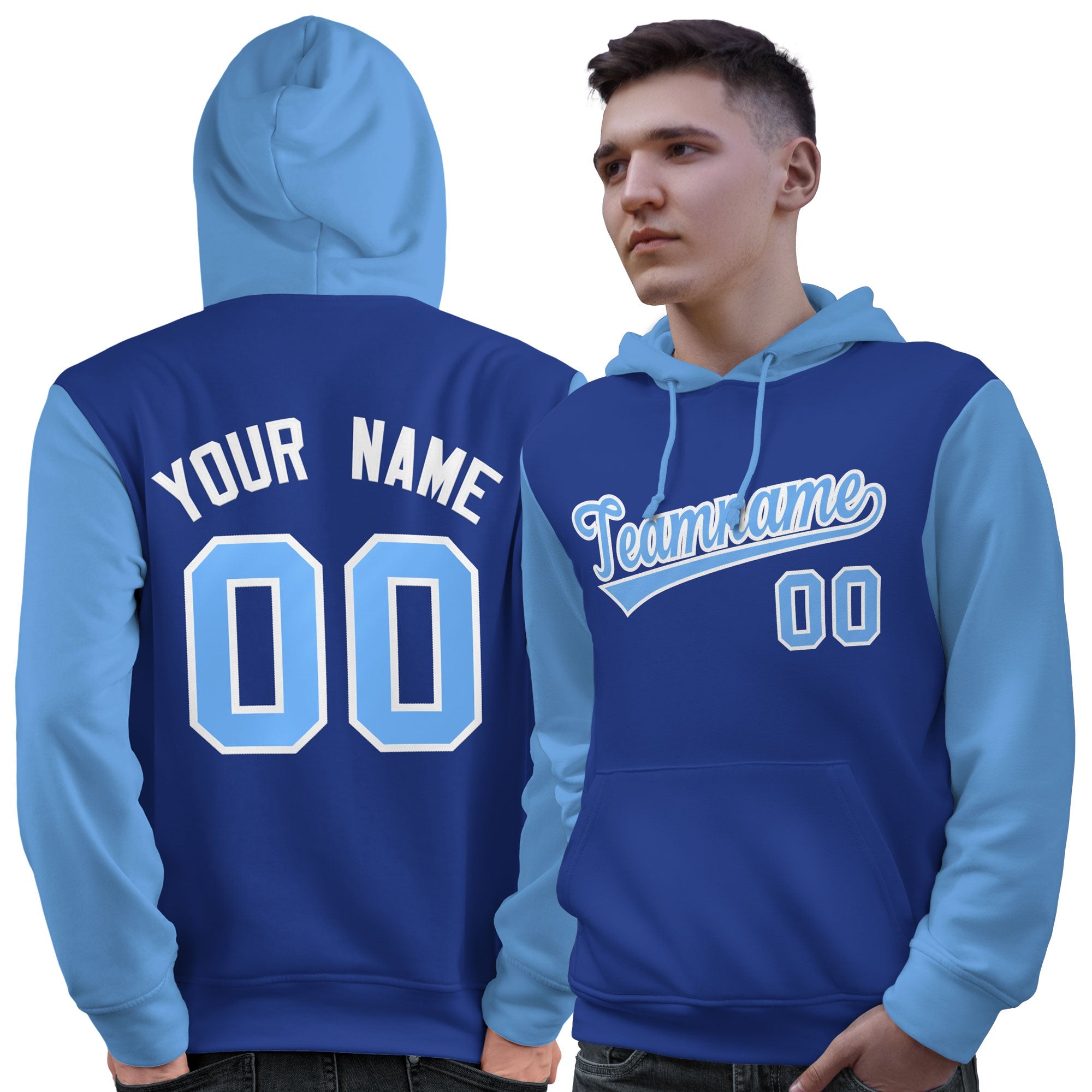 Custom Royal Light Blue-White Raglan Sleeves Pullover Personalized Sweatshirt Hoodie