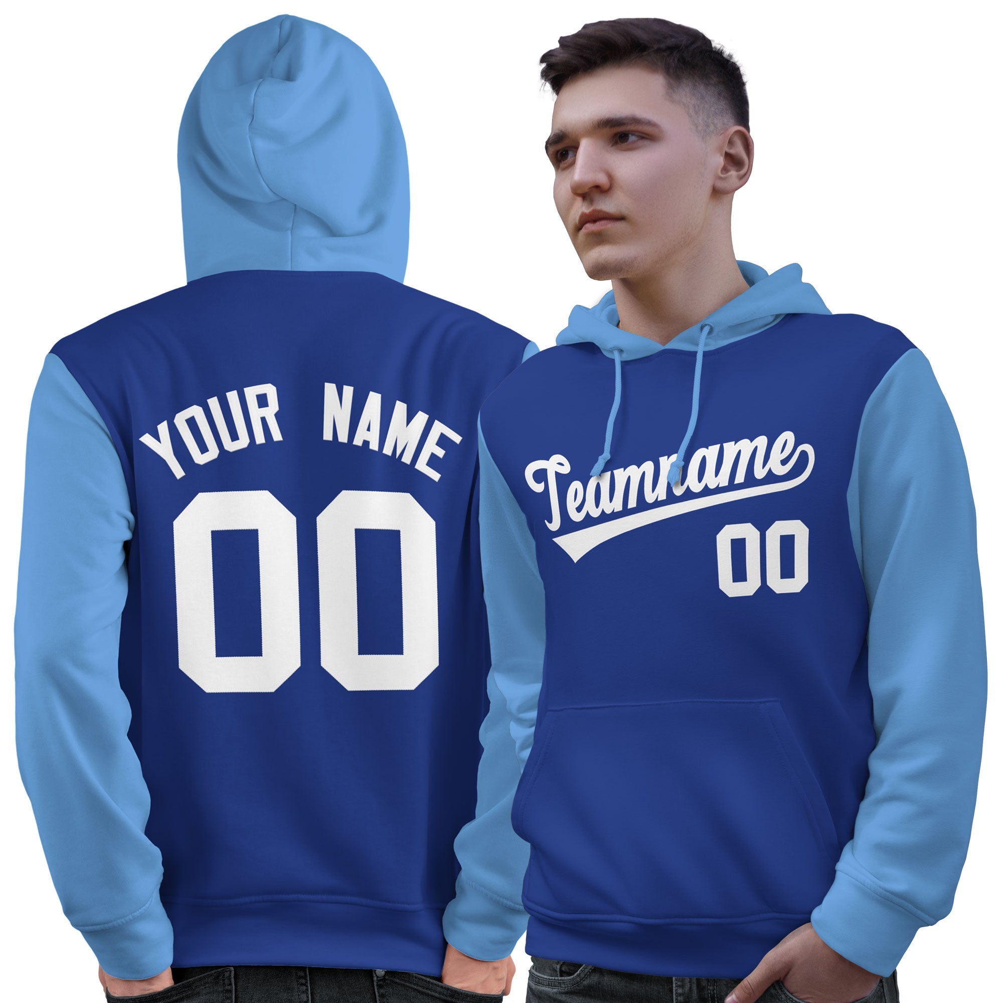 Custom Royal White-Light Blue Raglan Sleeves Pullover Personalized Sweatshirt Hoodie