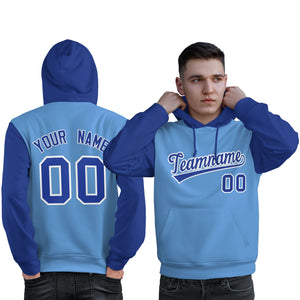 Custom Light Blue Royal-White Raglan Sleeves Pullover Personalized Sweatshirt Hoodie