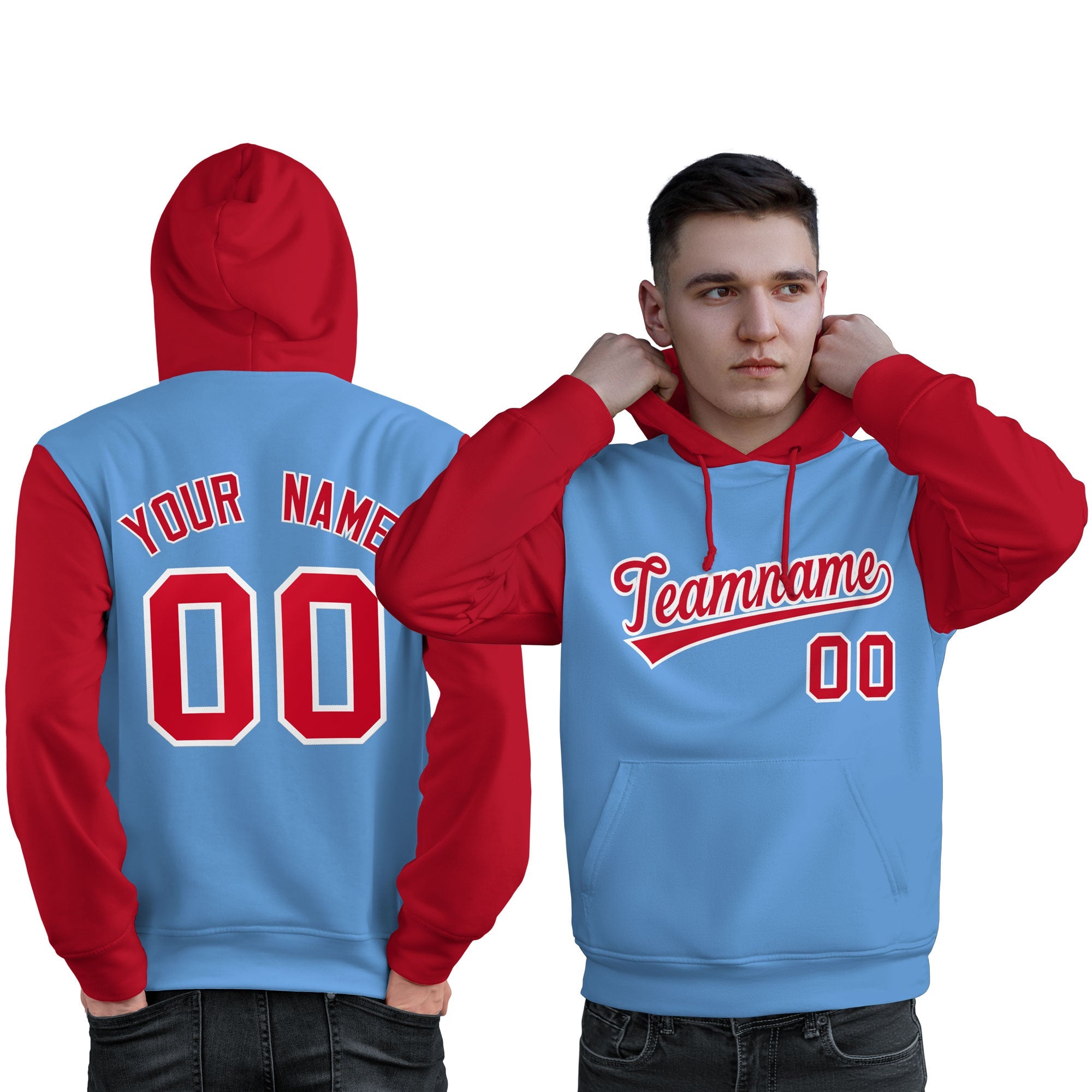 Custom Light Blue Red-White Raglan Sleeves Pullover Personalized Sweatshirt Hoodie