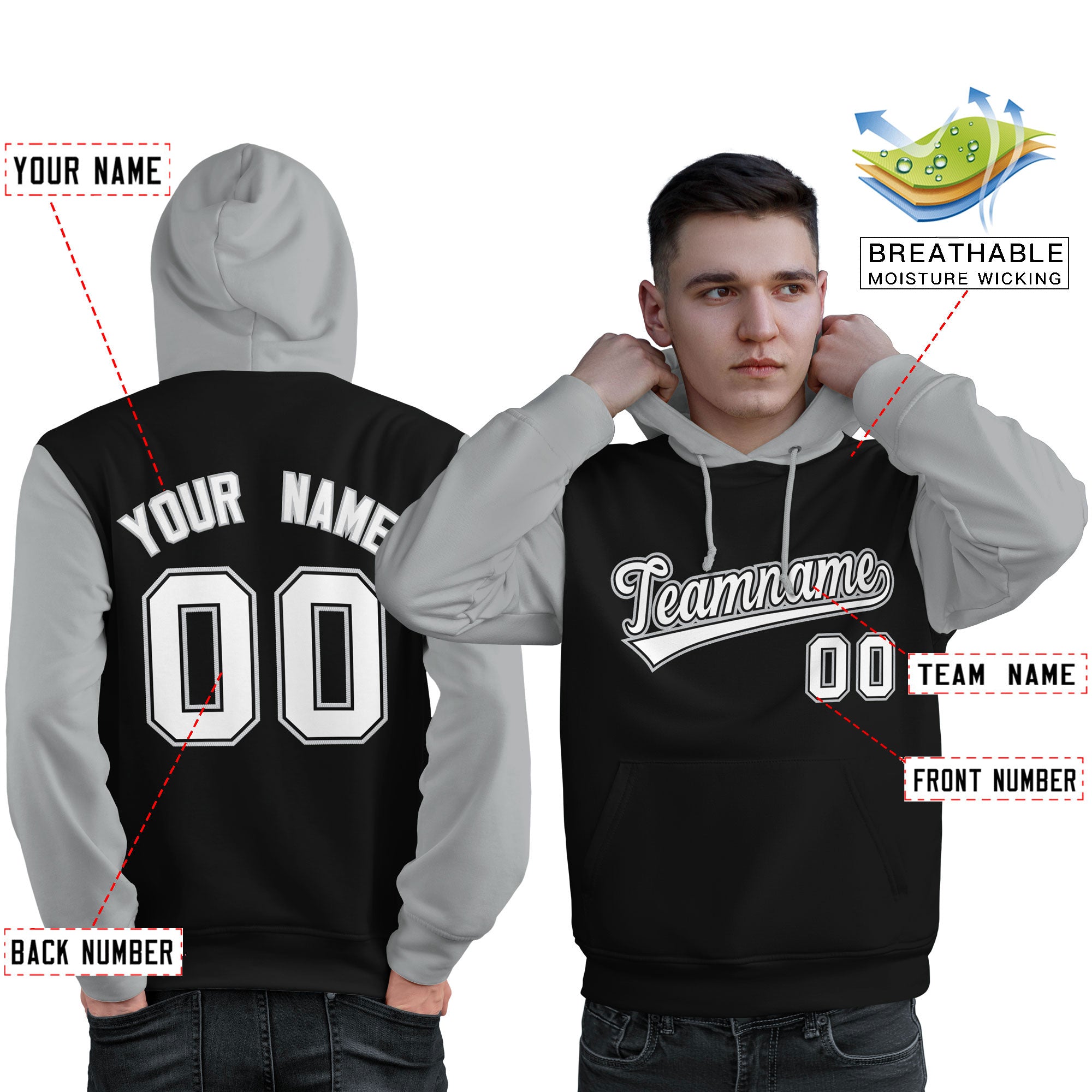 Custom Black White-Gray Raglan Sleeves Pullover Personalized Sweatshirt Hoodie