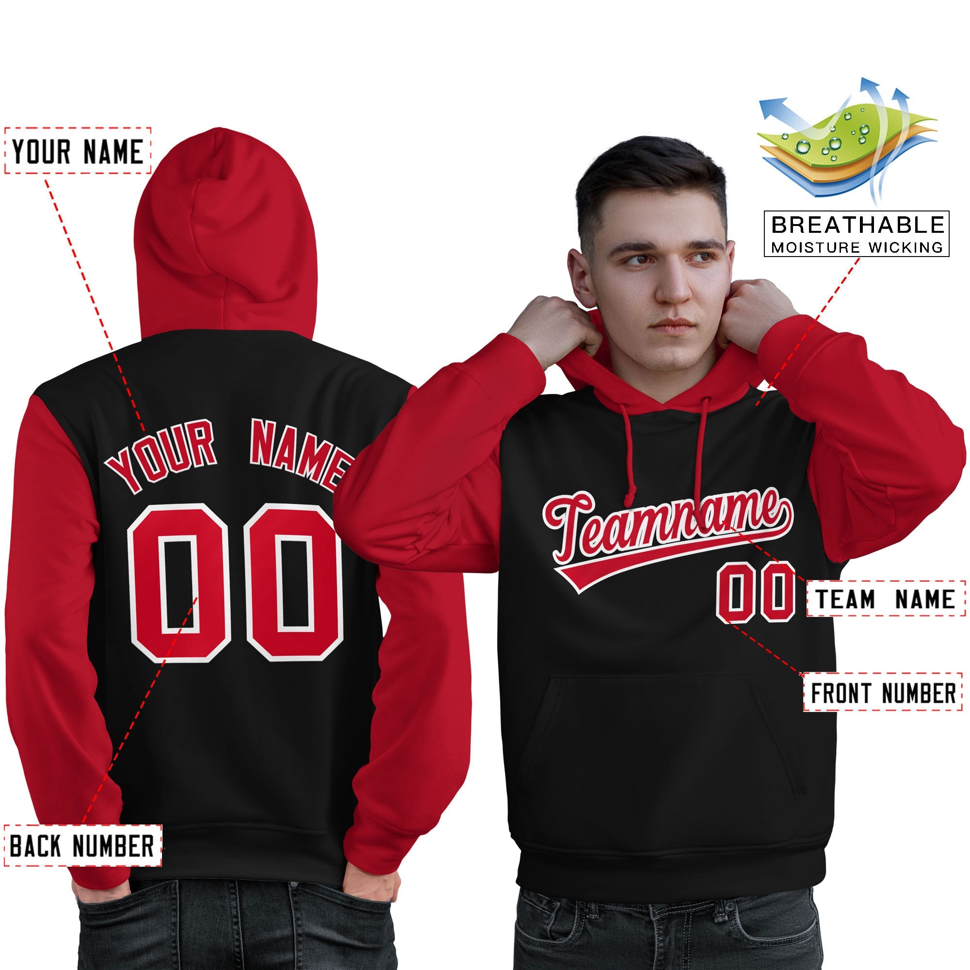 Custom Black Red-White Raglan Sleeves Pullover Personalized Sweatshirt Hoodie