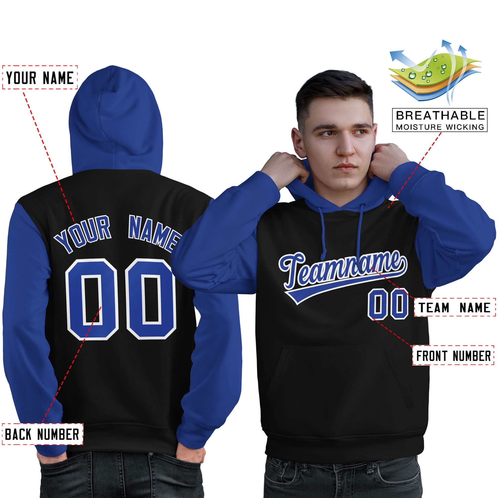 Custom Black Royal-White Raglan Sleeves Pullover Personalized Sweatshirt Hoodie