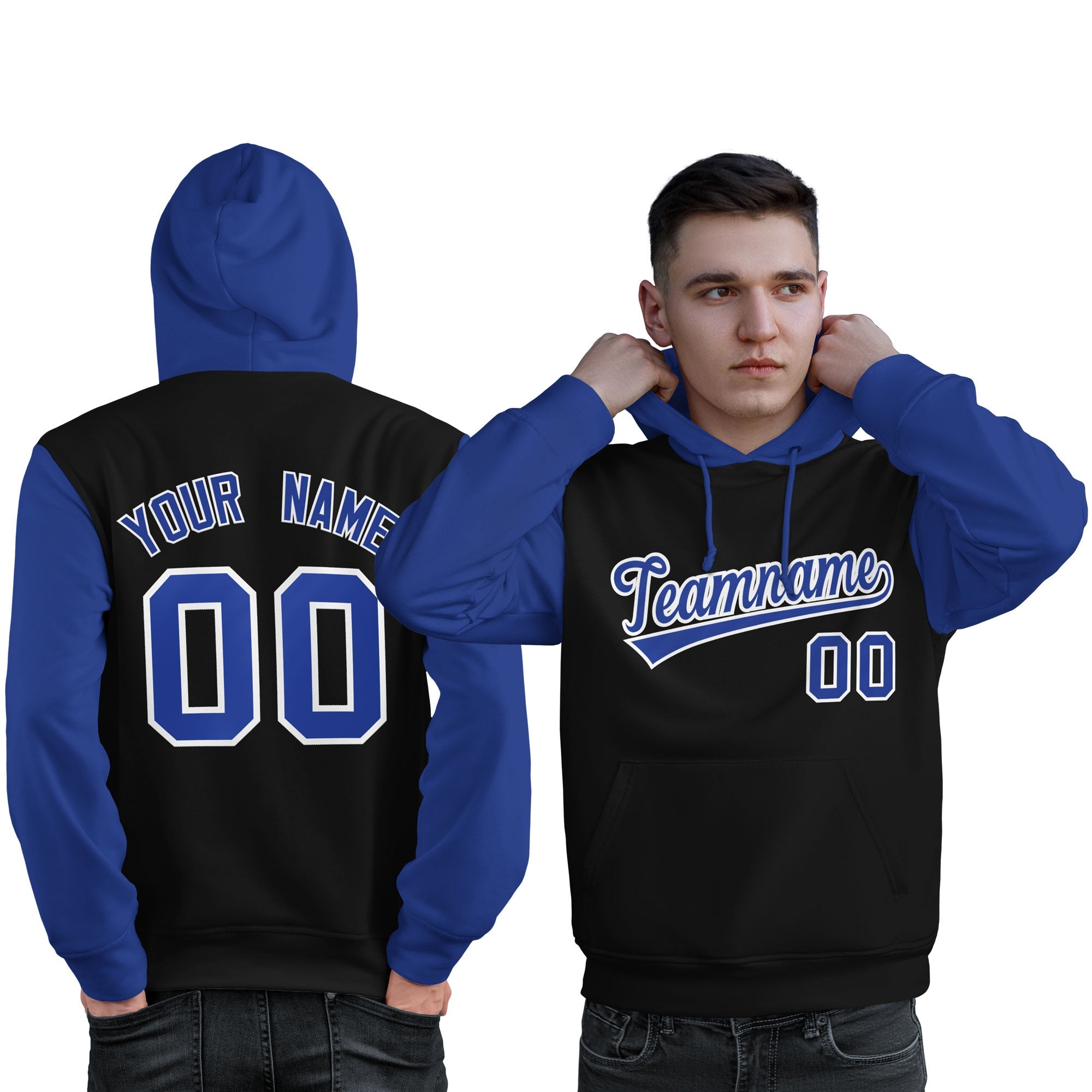 Custom Black Royal-White Raglan Sleeves Pullover Personalized Sweatshirt Hoodie