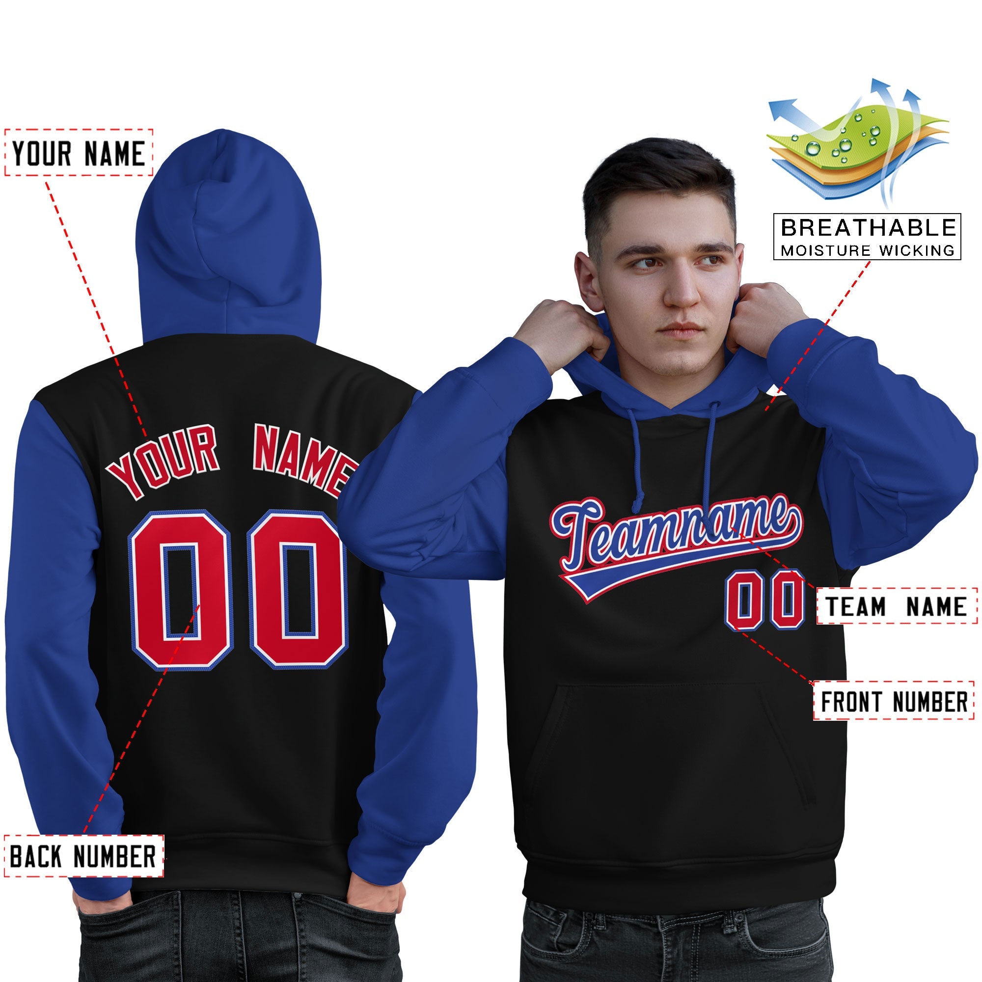 Custom Black Royal-Red Raglan Sleeves Pullover Personalized Sweatshirt Hoodie