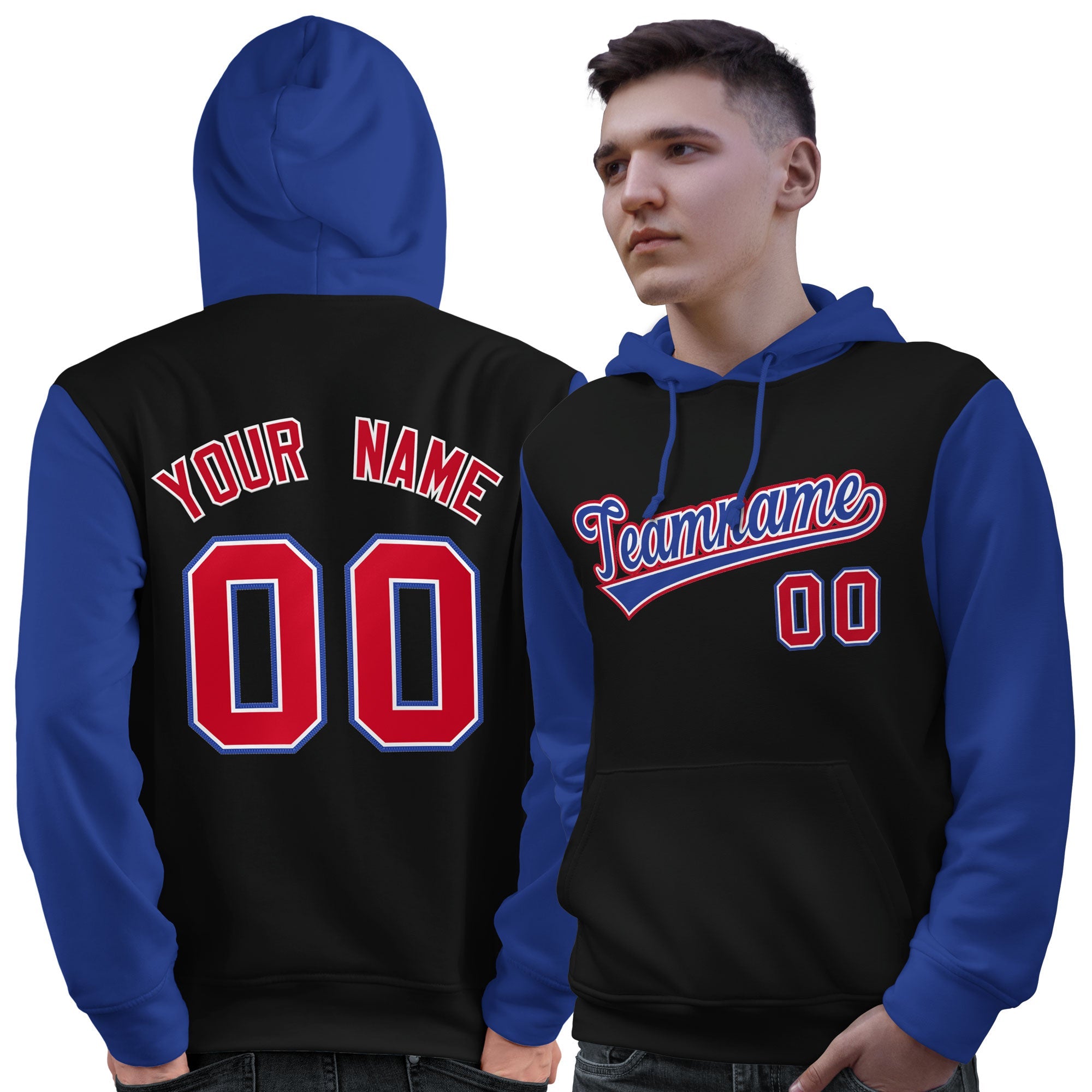 Custom Black Royal-Red Raglan Sleeves Pullover Personalized Sweatshirt Hoodie