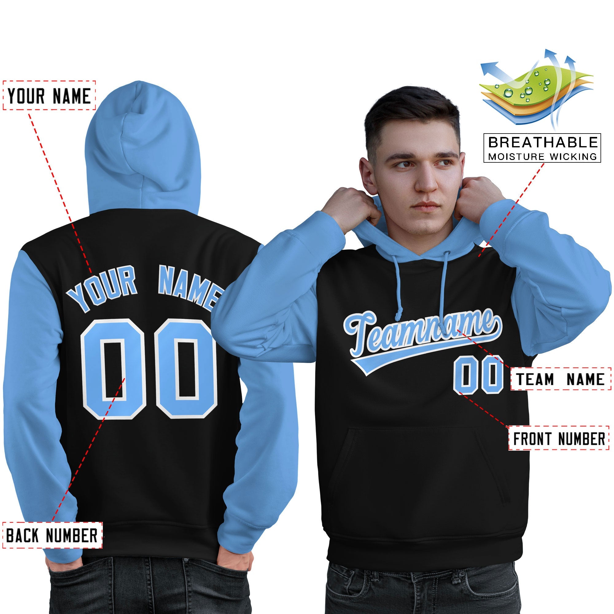 Custom Black Light Blue-White Raglan Sleeves Pullover Personalized Sweatshirt Hoodie