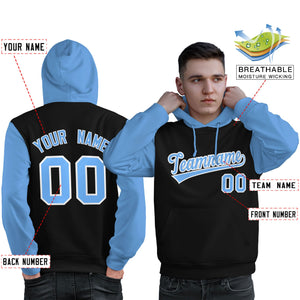 Custom Black Light Blue-White Raglan Sleeves Pullover Personalized Sweatshirt Hoodie