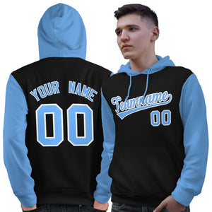 Custom Black Light Blue-White Raglan Sleeves Pullover Personalized Sweatshirt Hoodie