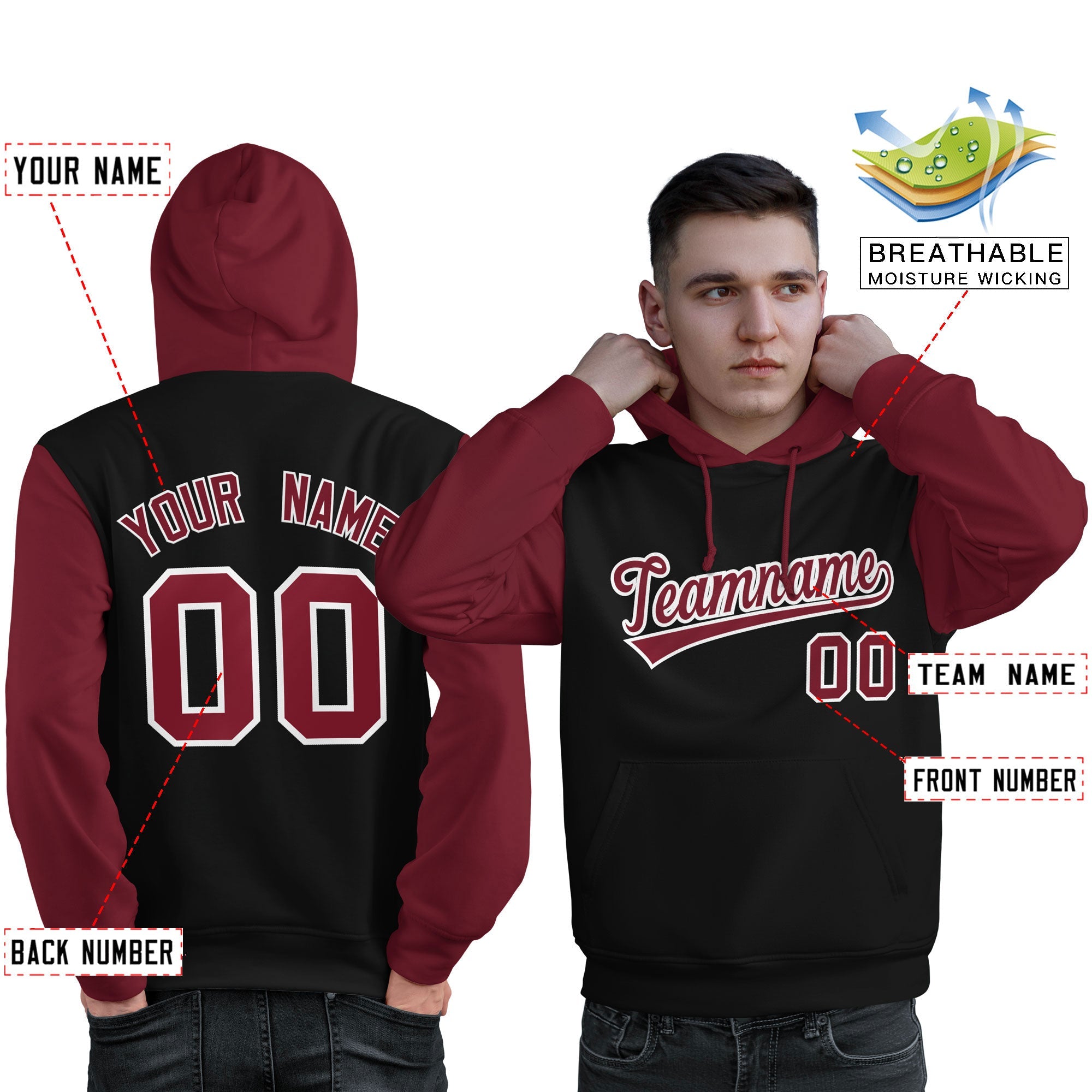 Custom Black Crimson-White Raglan Sleeves Pullover Personalized Sweatshirt Hoodie