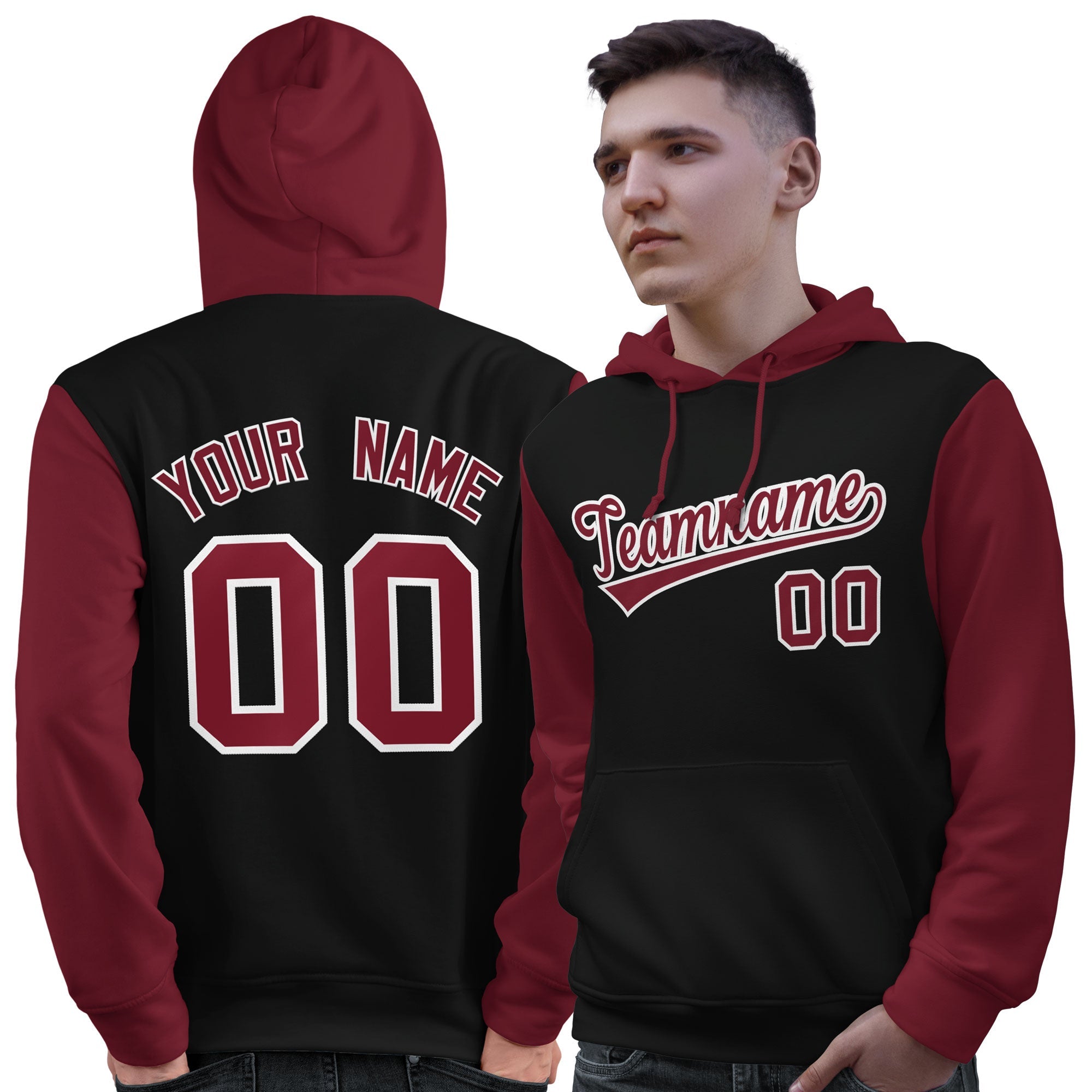 Custom Black Crimson-White Raglan Sleeves Pullover Personalized Sweatshirt Hoodie