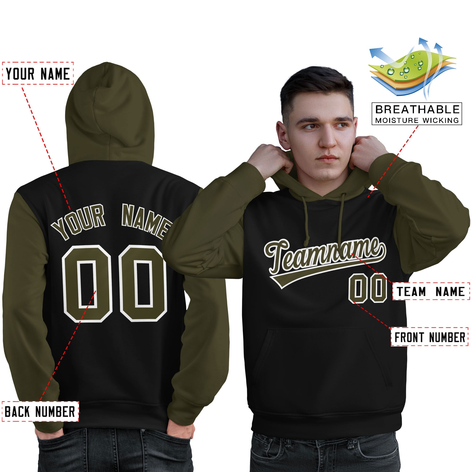 Custom Black Olive-White Raglan Sleeves Pullover Personalized Sweatshirt Hoodie