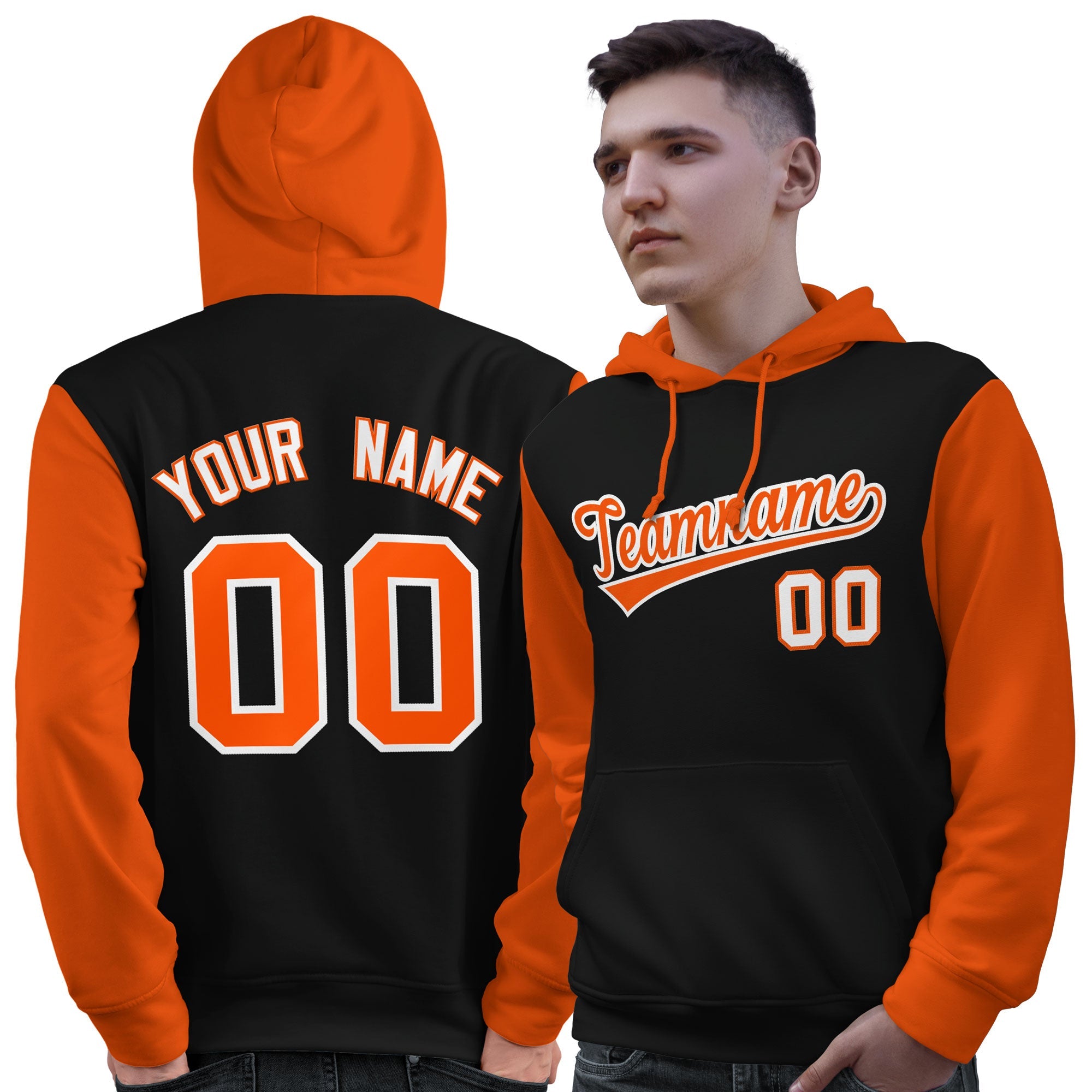 Custom Black Orange-White Raglan Sleeves Pullover Personalized Sweatshirt Hoodie