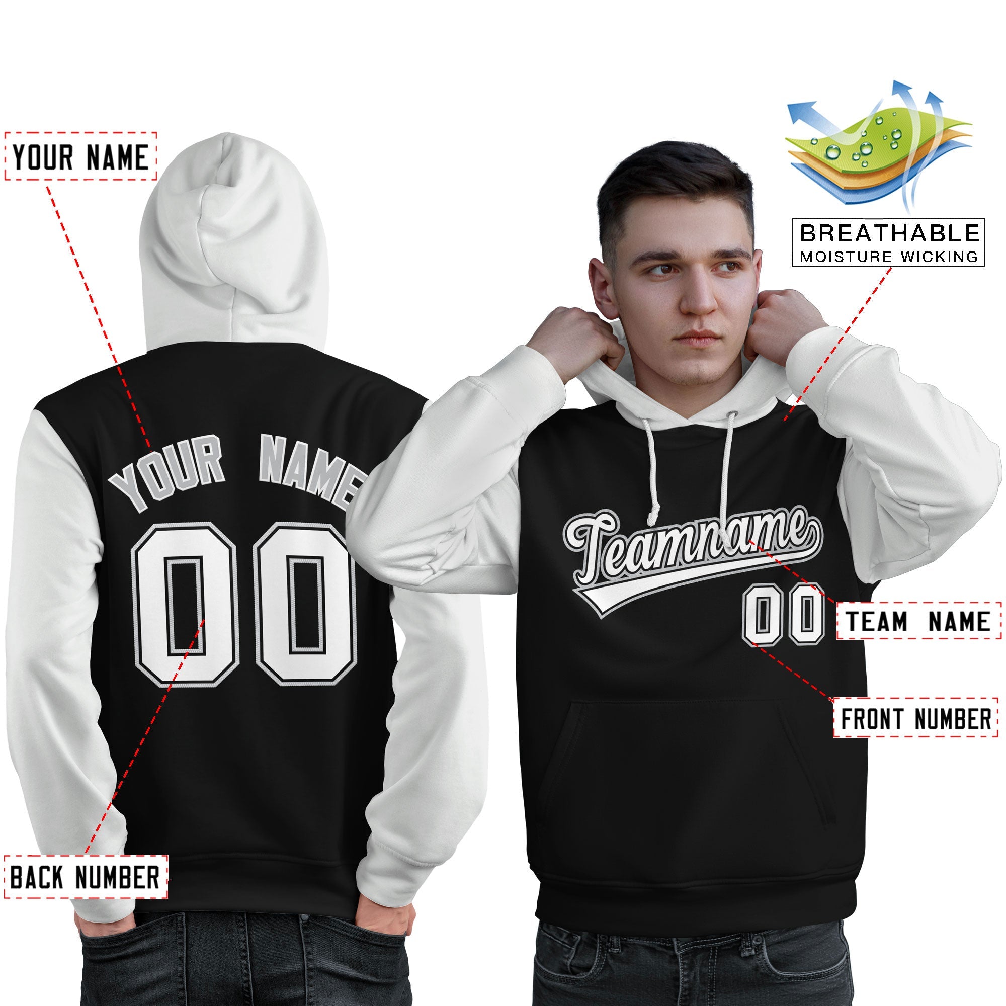 Custom Black White-Gray Raglan Sleeves Pullover Personalized Sweatshirt Hoodie