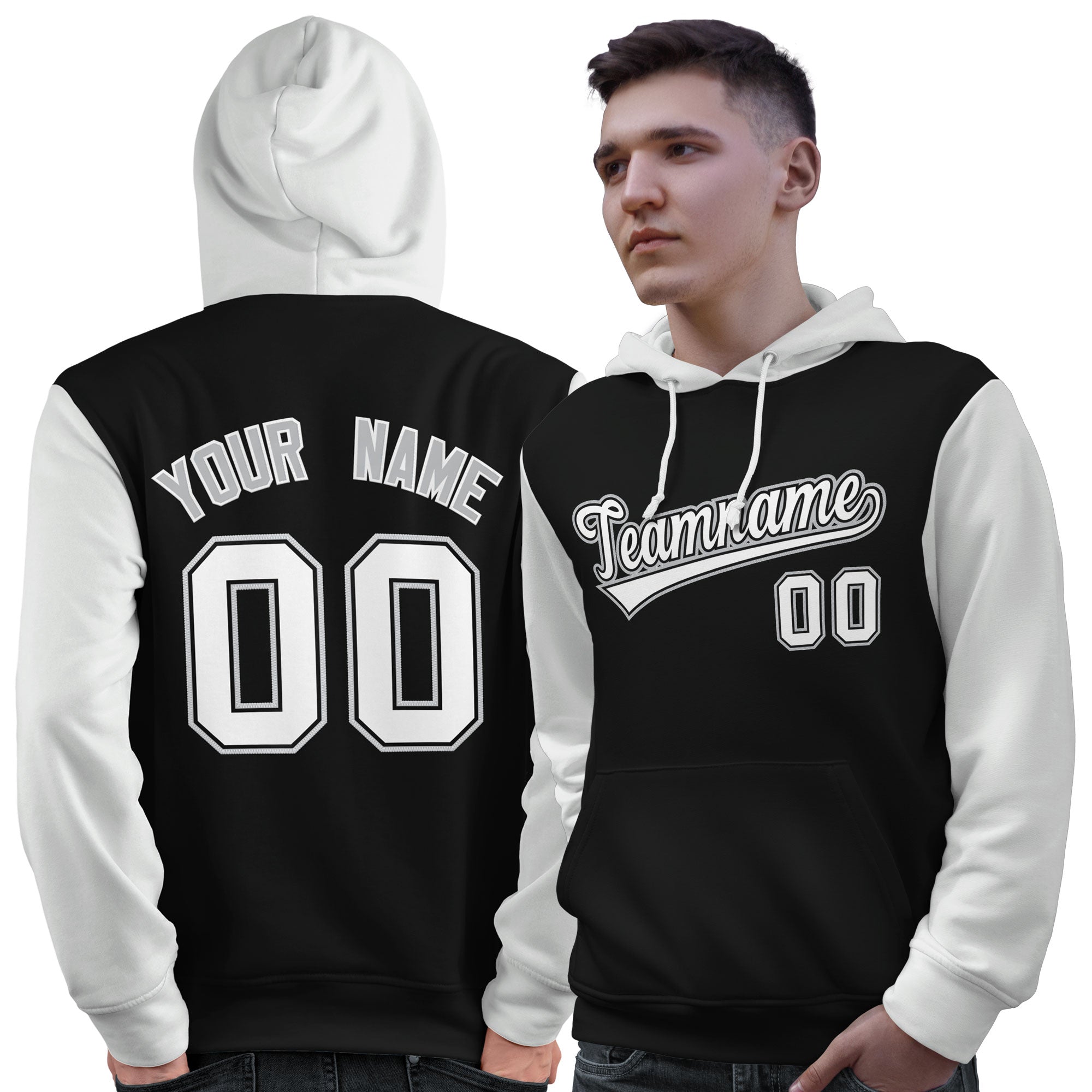 Custom Black White-Gray Raglan Sleeves Pullover Personalized Sweatshirt Hoodie