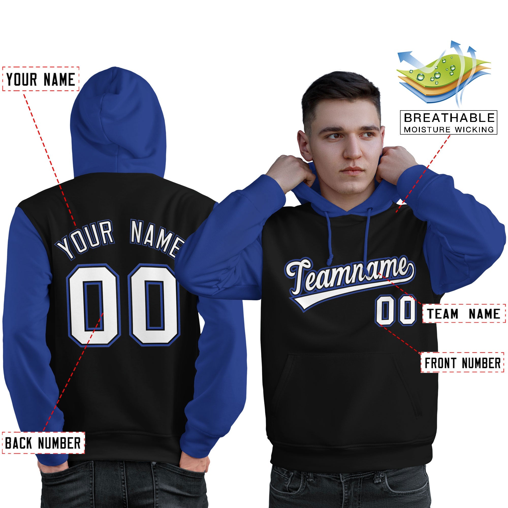 Custom Black White-Royal Raglan Sleeves Pullover Personalized Sweatshirt Hoodie