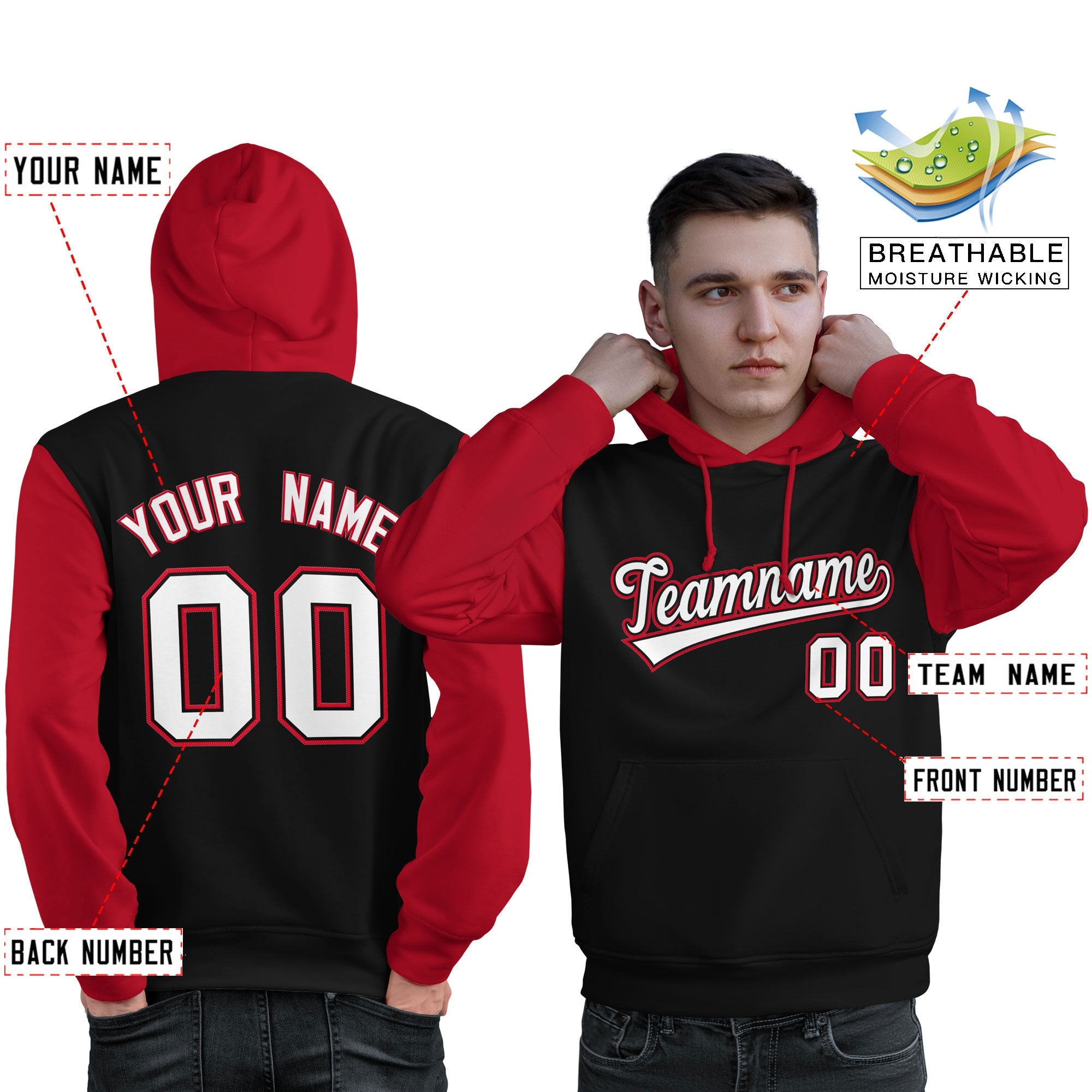 Custom Black White-Red Raglan Sleeves Pullover Personalized Sweatshirt Hoodie