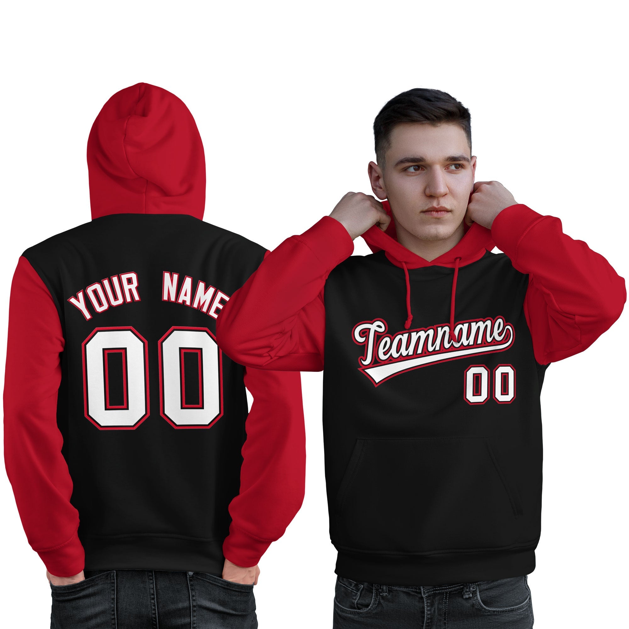 Custom Black White-Red Raglan Sleeves Pullover Personalized Sweatshirt Hoodie