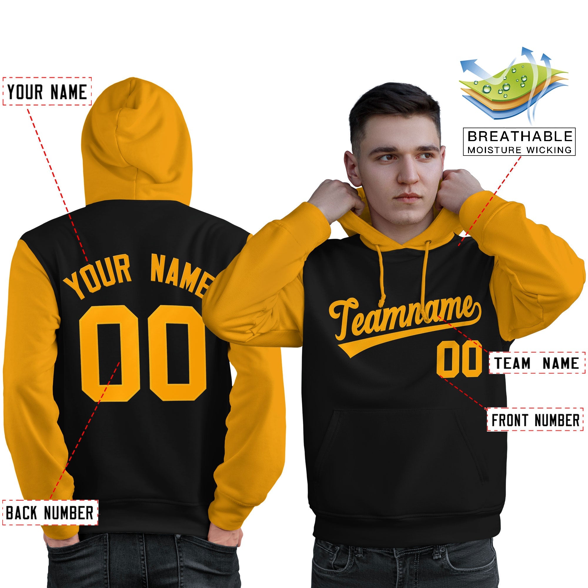 Custom Black Gold Raglan Sleeves Pullover Personalized Sweatshirt Hoodie