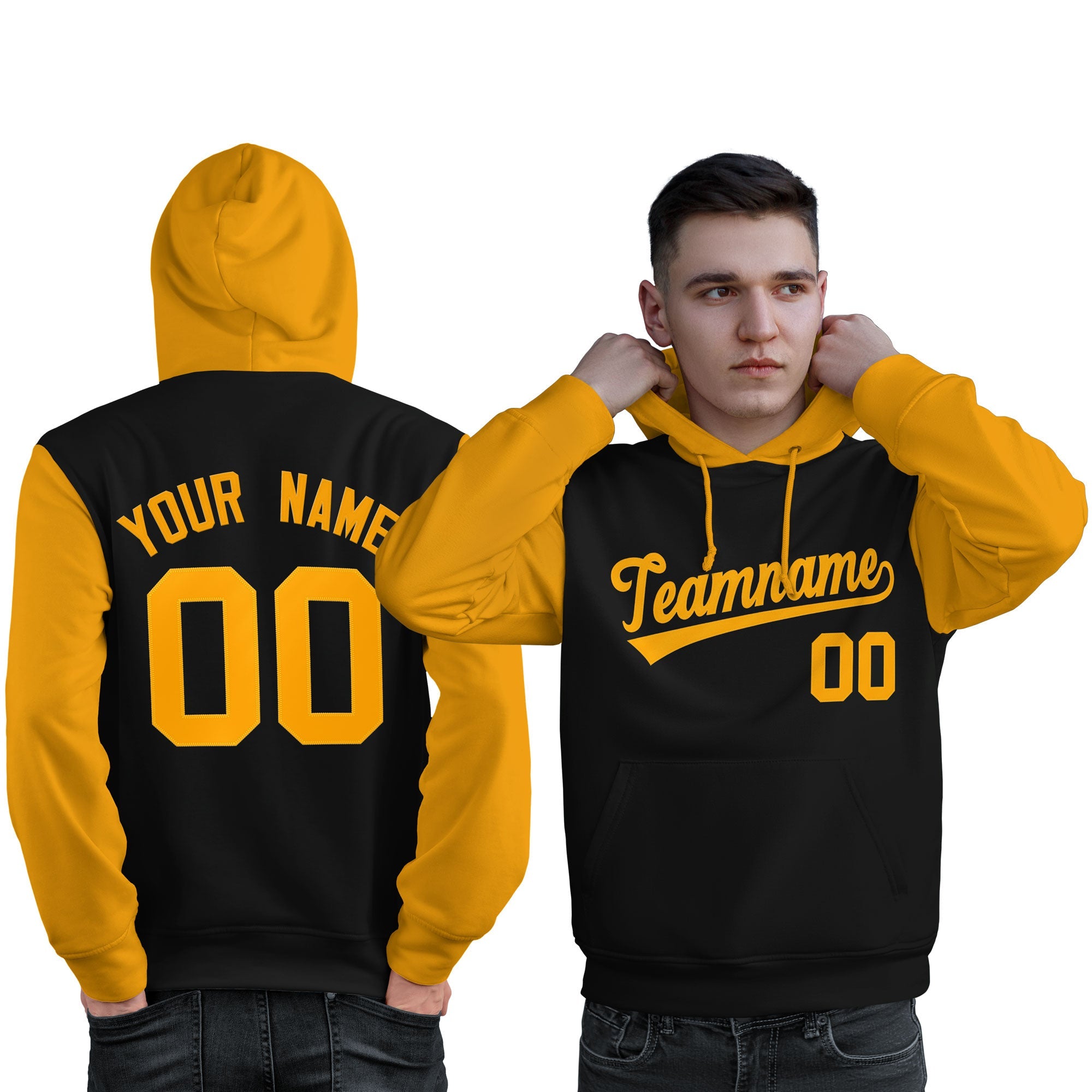 Custom Black Gold Raglan Sleeves Pullover Personalized Sweatshirt Hoodie