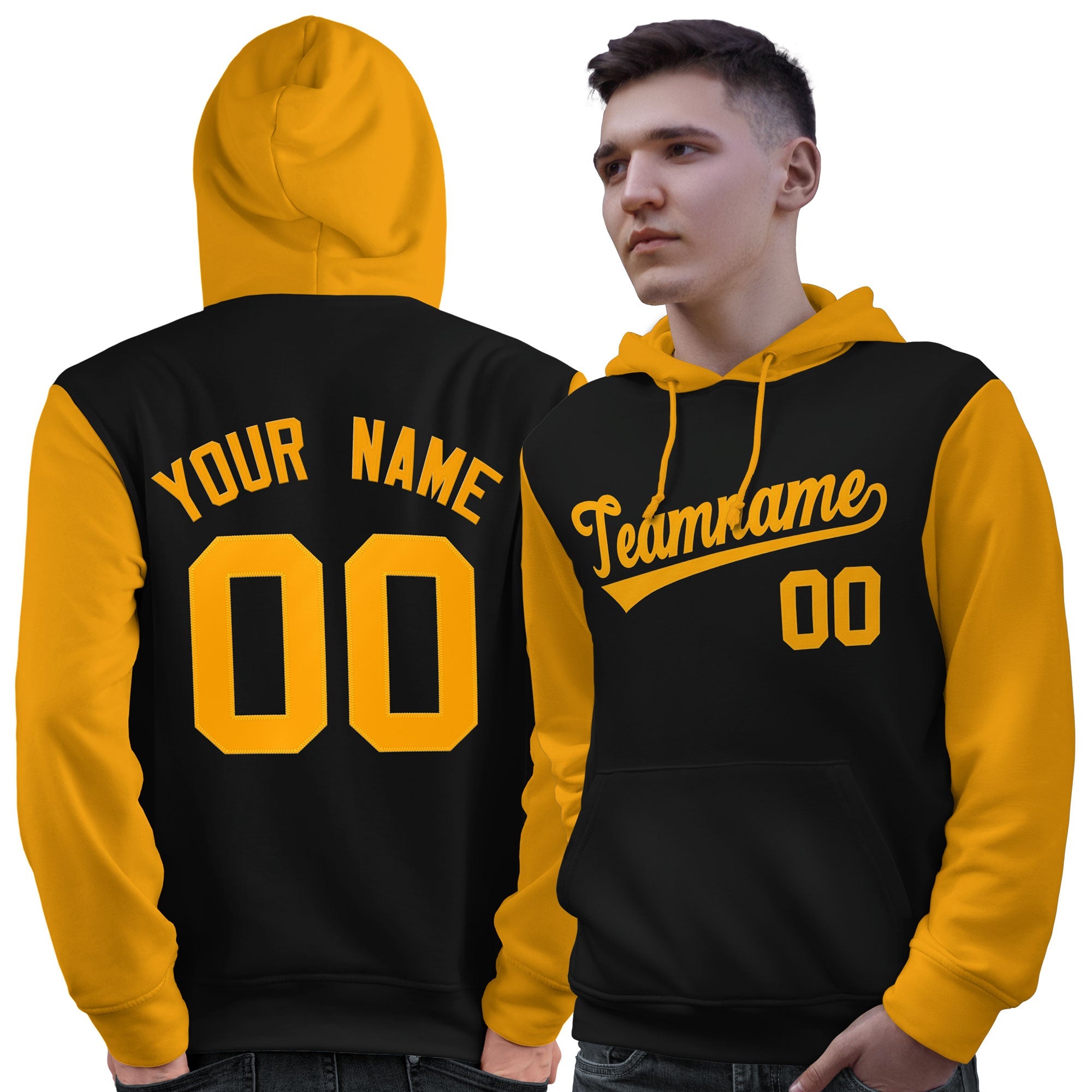 Custom Black Gold Raglan Sleeves Pullover Personalized Sweatshirt Hoodie