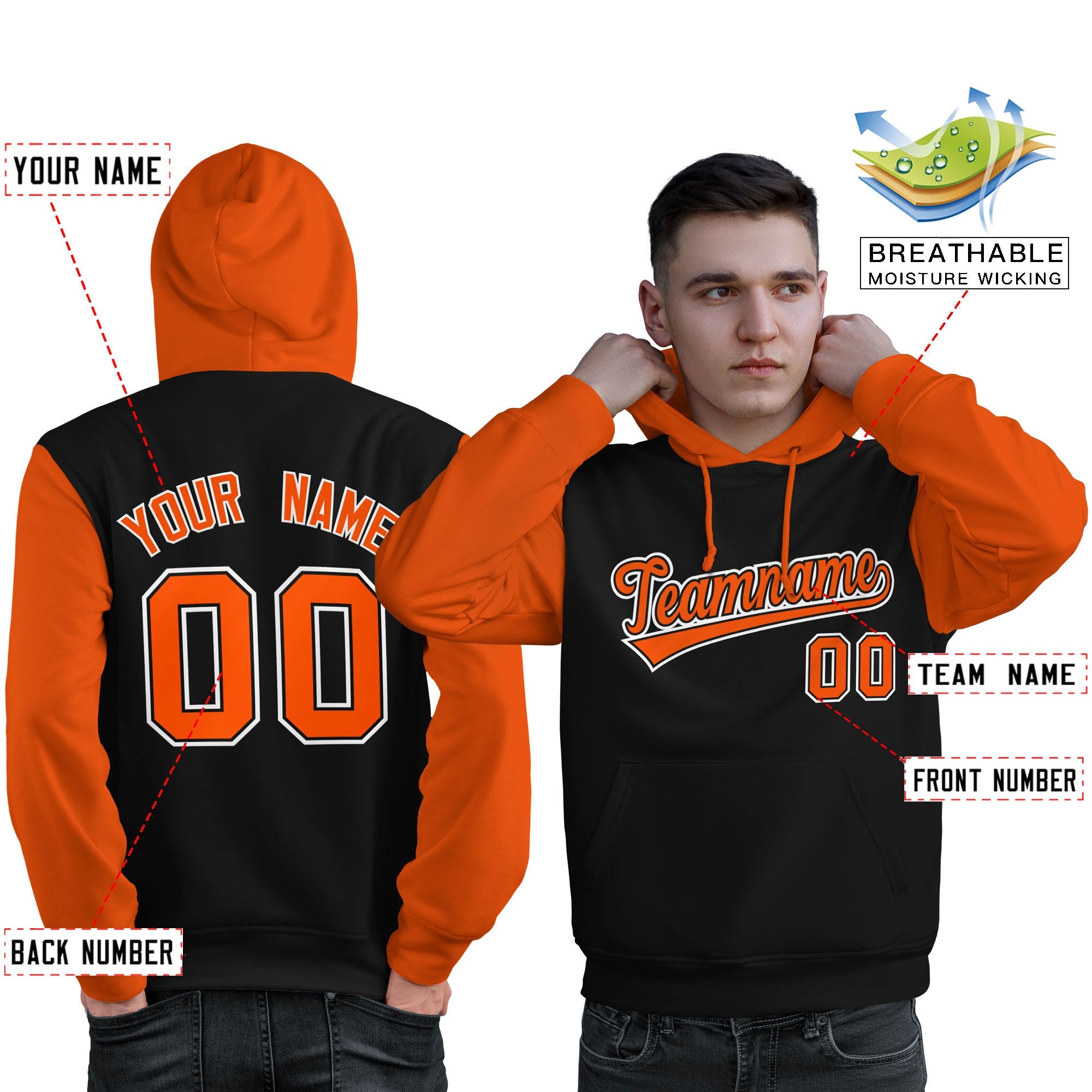 Custom Black Orange-White Raglan Sleeves Pullover Personalized Sweatshirt Hoodie