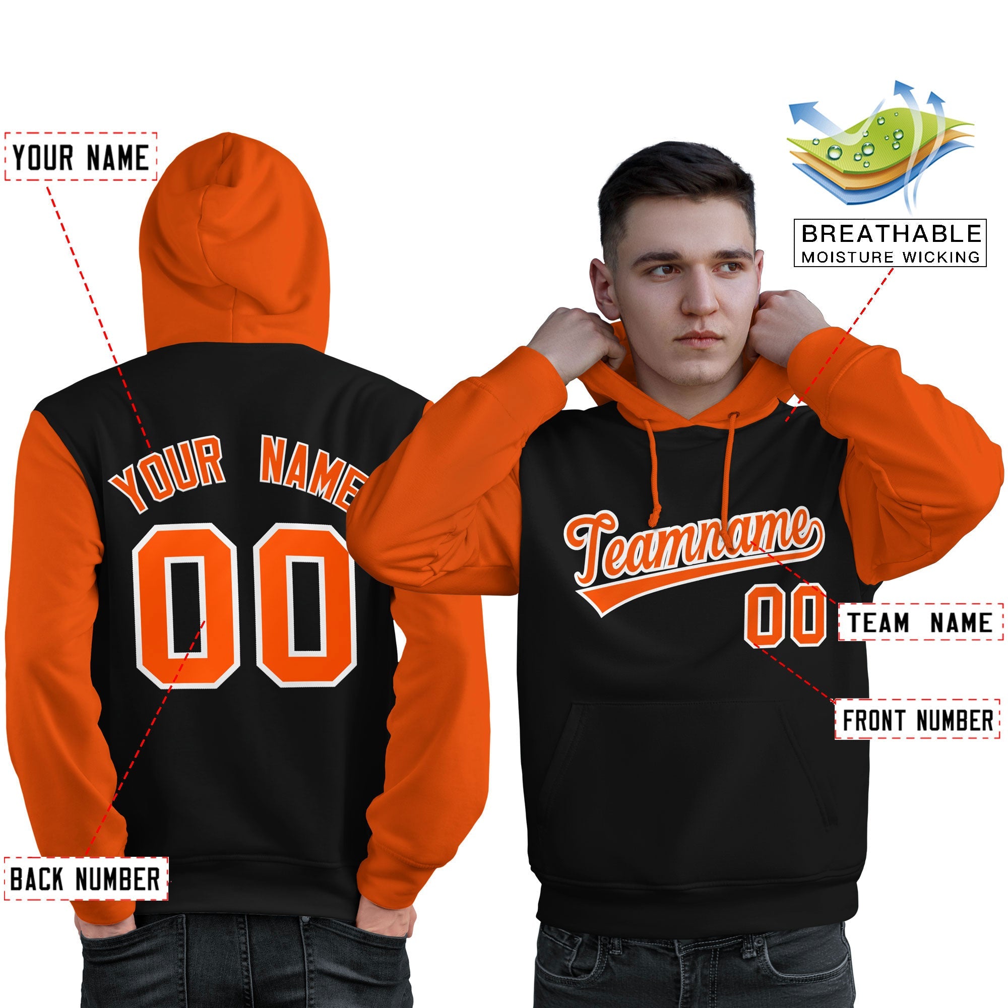 Custom Black Orange-White Raglan Sleeves Pullover Personalized Sweatshirt Hoodie