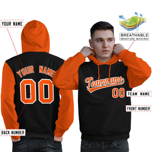 Custom Black Orange-White Raglan Sleeves Pullover Personalized Sweatshirt Hoodie