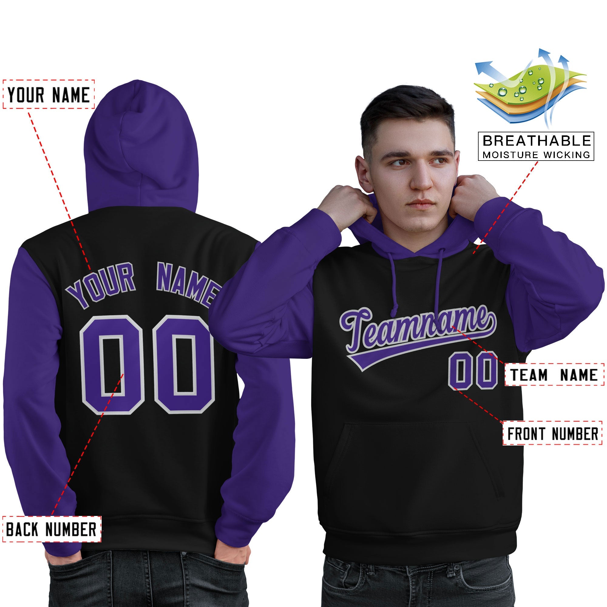 Custom Black Purple-Gray Raglan Sleeves Pullover Personalized Sweatshirt Hoodie