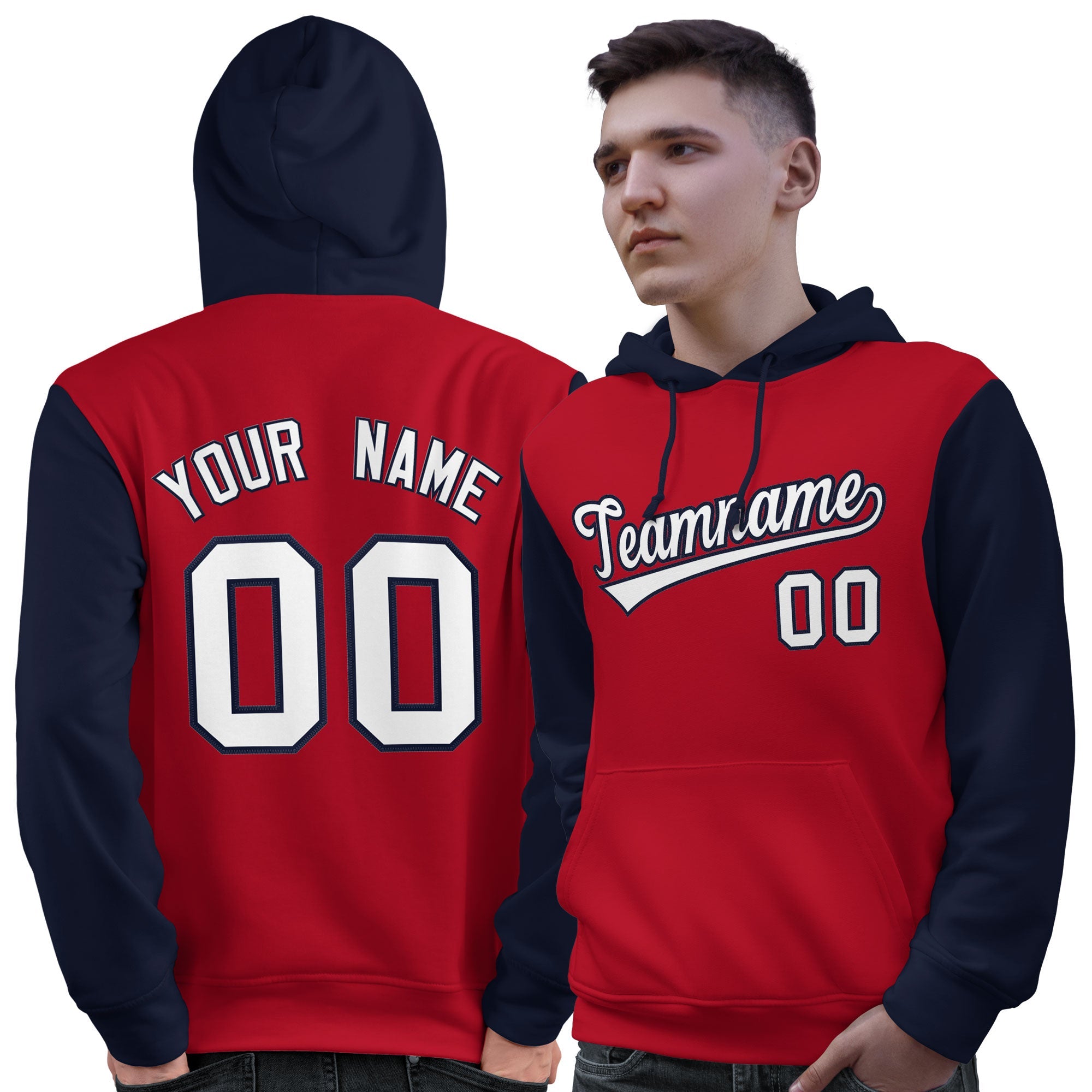 Custom Red White-Navy Raglan Sleeves Pullover Personalized Sweatshirt Hoodie