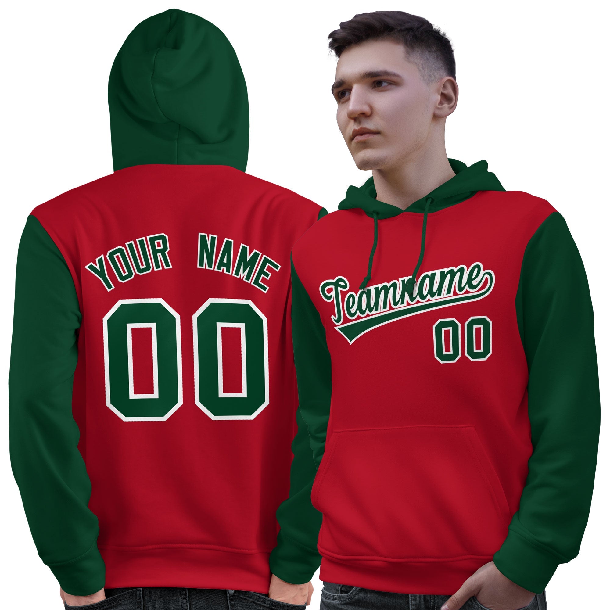 Custom Red Green-White Raglan Sleeves Pullover Personalized Sweatshirt Hoodie