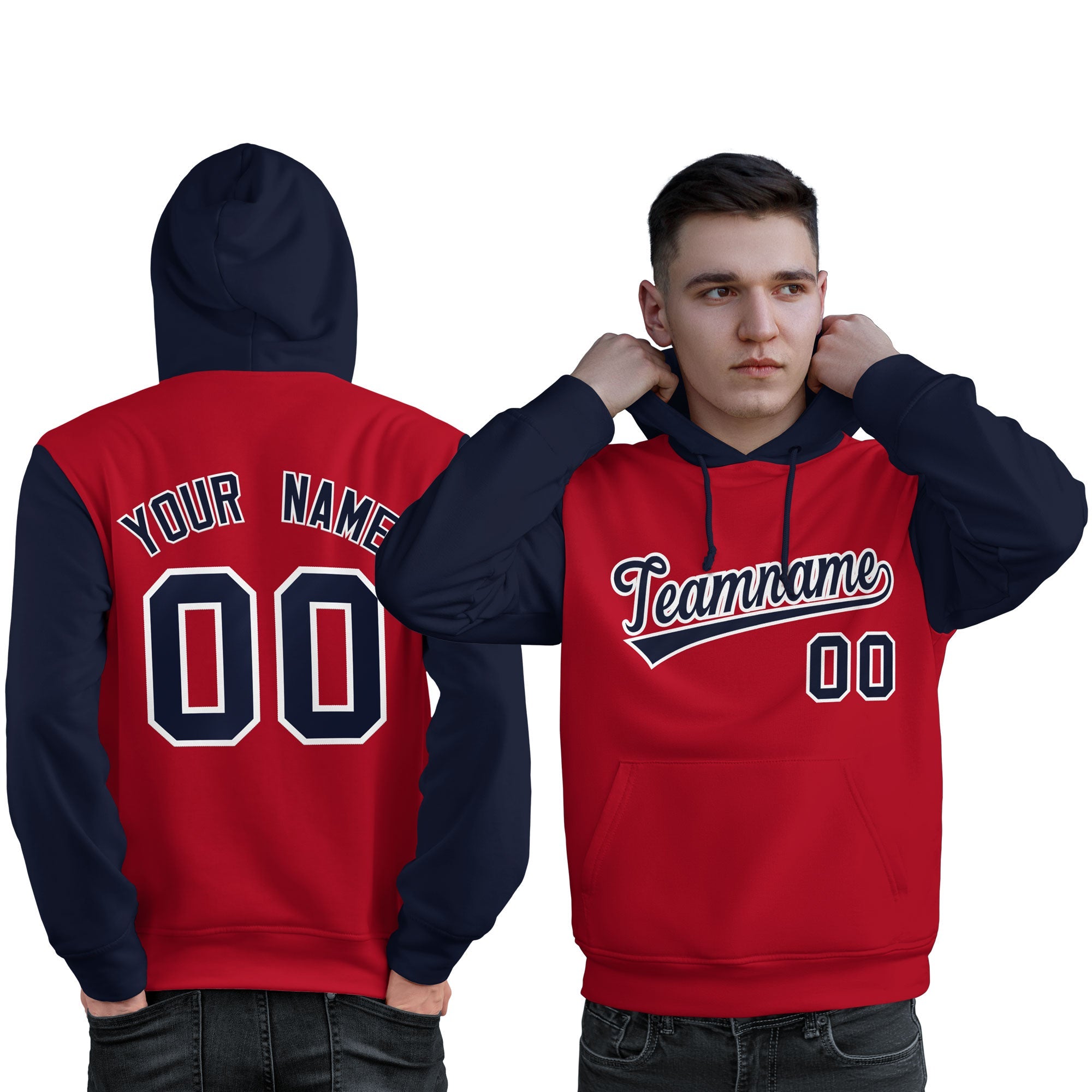 Custom Red Navy-White Raglan Sleeves Pullover Personalized Sweatshirt Hoodie