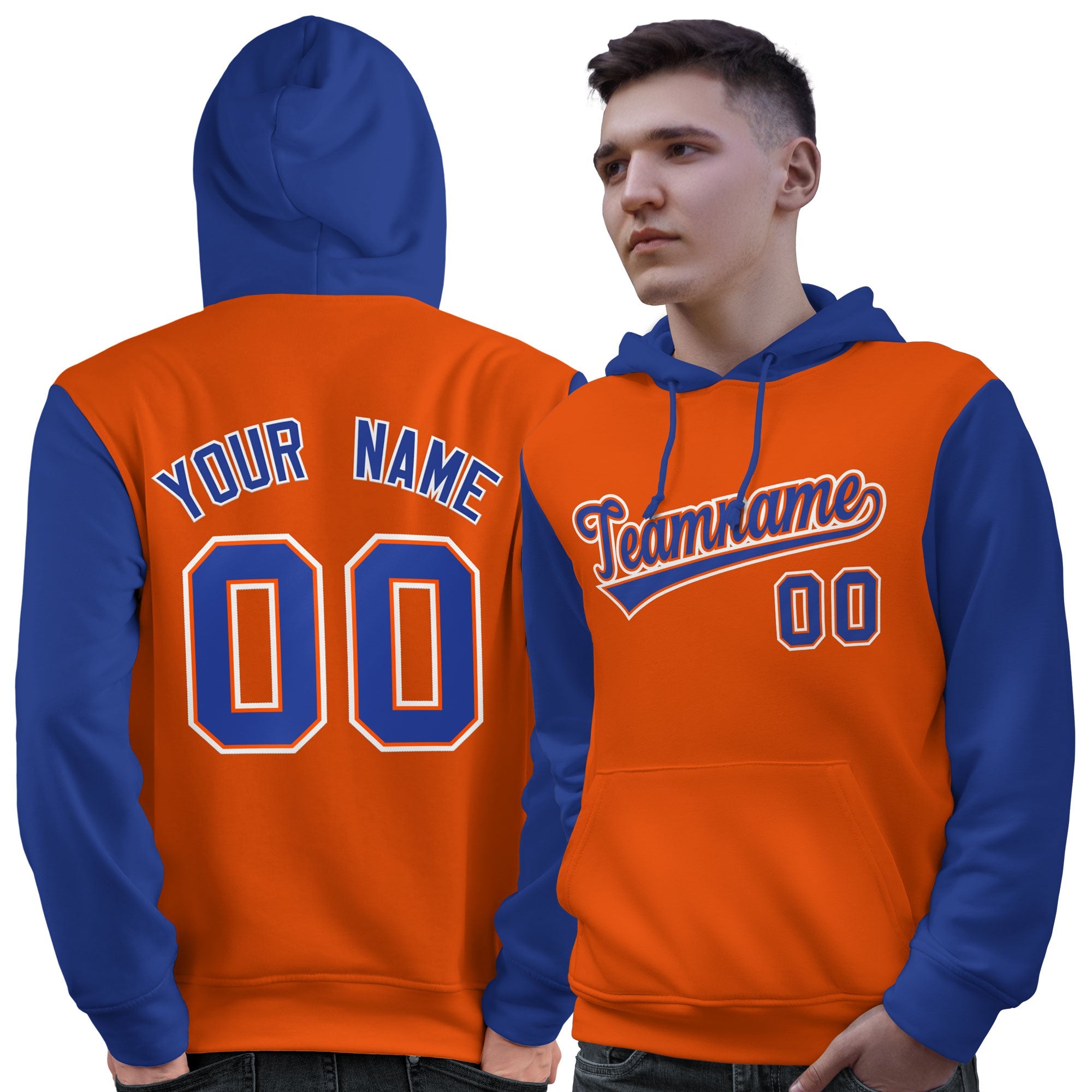 Custom Orange Royal-White Raglan Sleeves Pullover Personalized Sweatshirt Hoodie