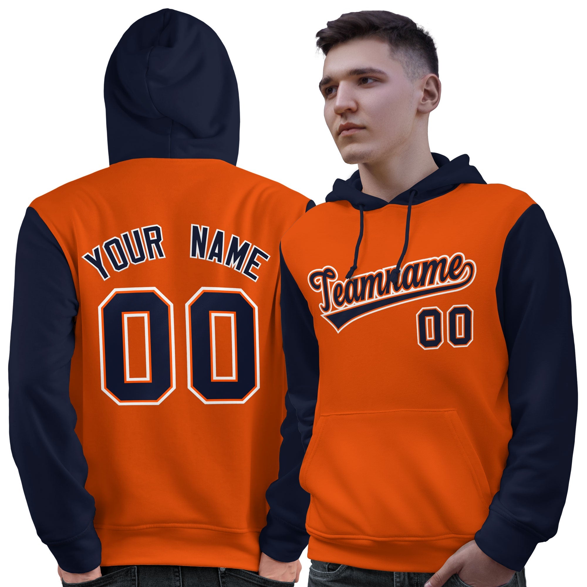 Custom Orange Navy-White Raglan Sleeves Pullover Personalized Sweatshirt Hoodie