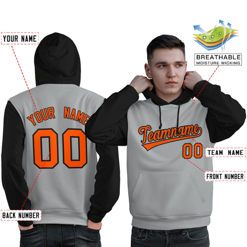Custom Gray Orange-Black Raglan Sleeves Pullover Personalized Sweatshirt Hoodie