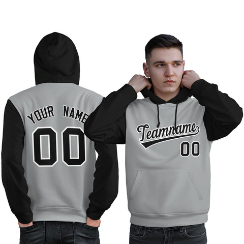 Custom Gray Black-White Raglan Sleeves Pullover Personalized Sweatshirt Hoodie