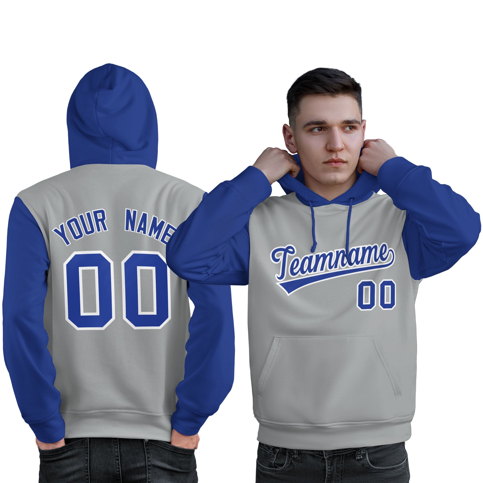 Custom Gray Royal-White Raglan Sleeves Pullover Personalized Sweatshirt Hoodie