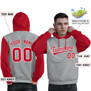 Custom Gray Red-White Raglan Sleeves Pullover Personalized Sweatshirt Hoodie