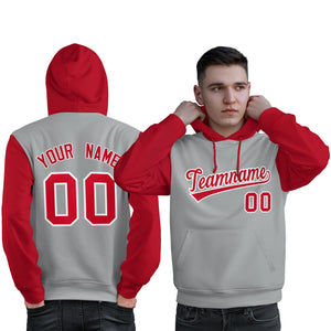 Custom Gray Red-White Raglan Sleeves Pullover Personalized Sweatshirt Hoodie