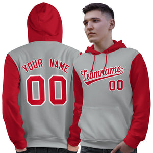 Custom Gray Red-White Raglan Sleeves Pullover Personalized Sweatshirt Hoodie